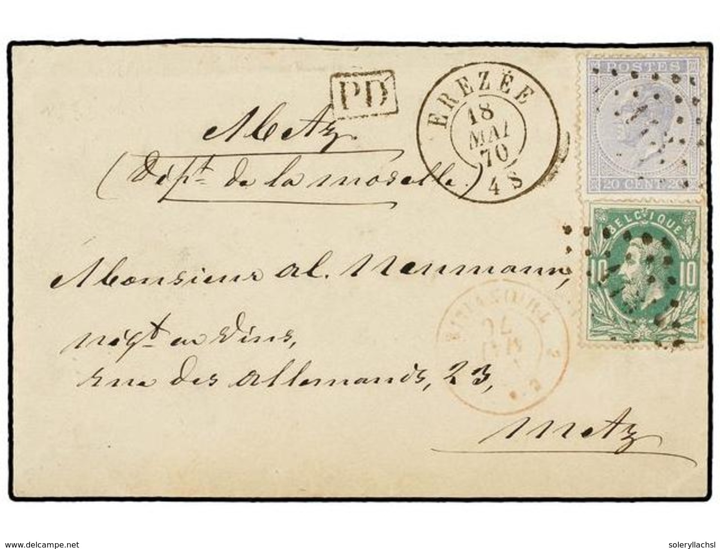 81 BELGICA. Of.18, 30. 1870. FREZEE To METZ (France). Envelope Franked With <B>10 Cts.</B> Green And <B>20 Cts.</B> Blue - Andere & Zonder Classificatie