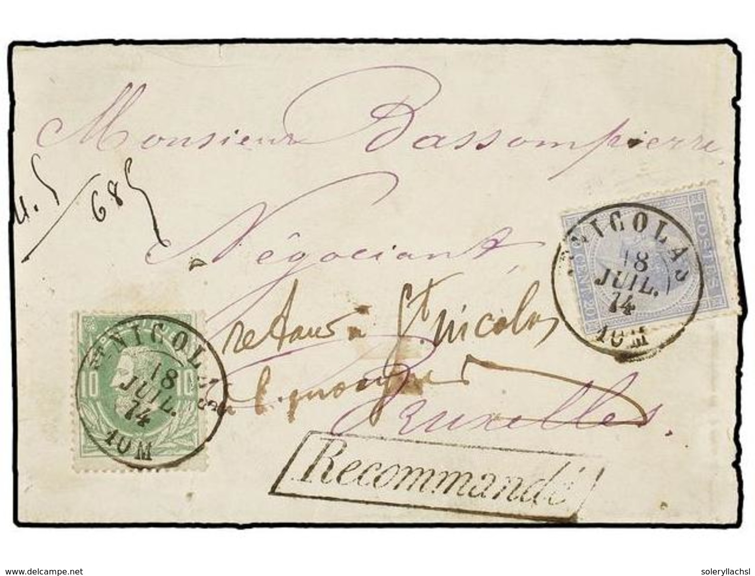 83 BELGICA. Of.18, 30. 1874. SAINT NICOLAS To BRUXELLES. Envelope Franked With <B>10 Cts.</B> Green And <B>20 Cts.</B> B - Autres & Non Classés