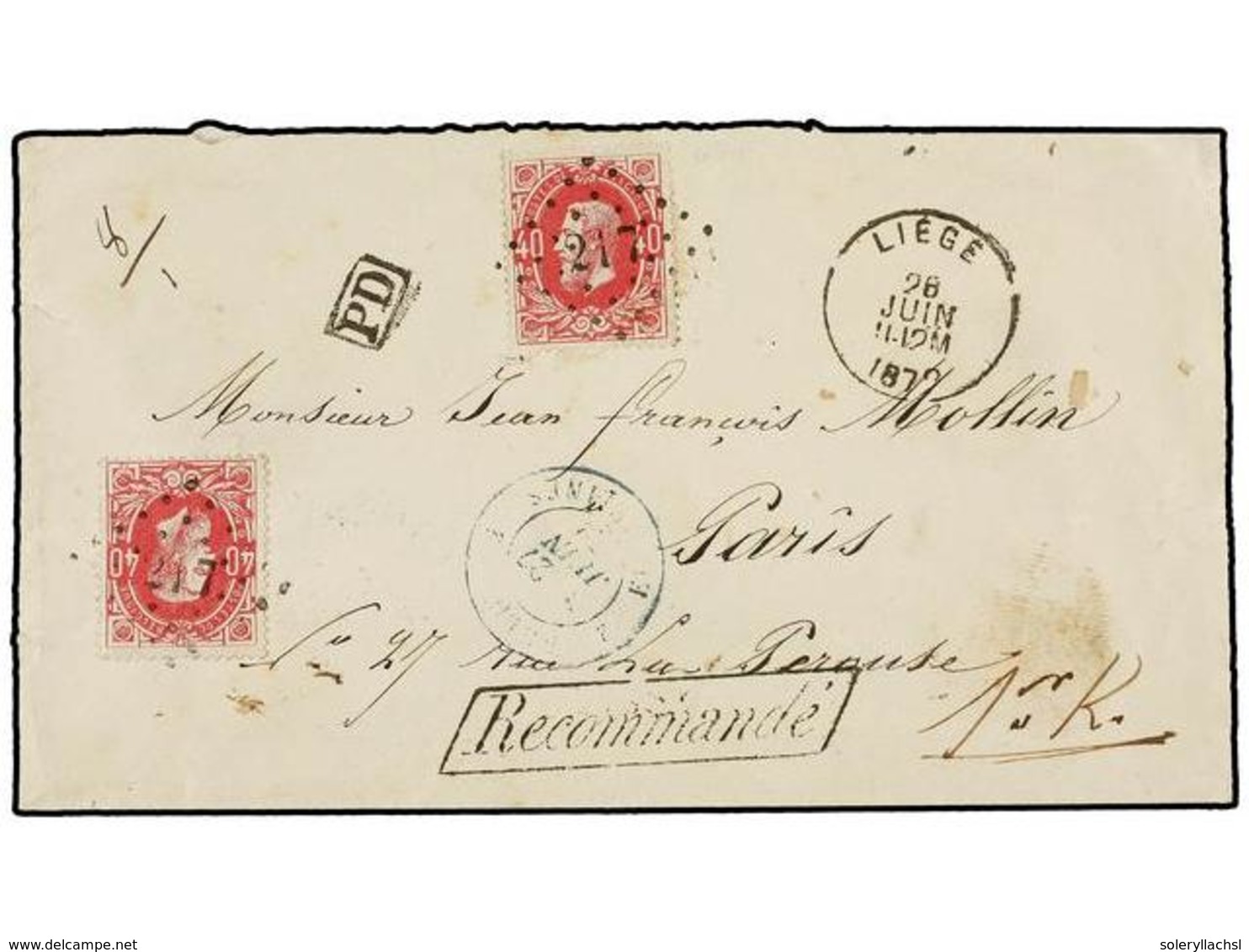 84 BELGICA. Of.34 (2). 1872. LIEGE To FRANCE. Envelope Franked With Two <B>40 Cts.</B>rose. <B>RECOMMANDE</B> Mark.On Re - Sonstige & Ohne Zuordnung