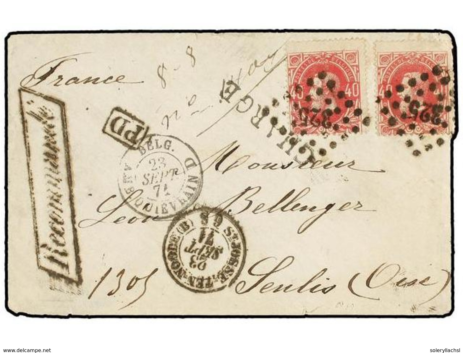 85 BELGICA. Of.34 (2). 1871. BRUXELLES To FRANCE. Envelope Franked With Two <B>40 Cts.</B> Rose Stamps. <B>RECOMMANDE</B - Autres & Non Classés