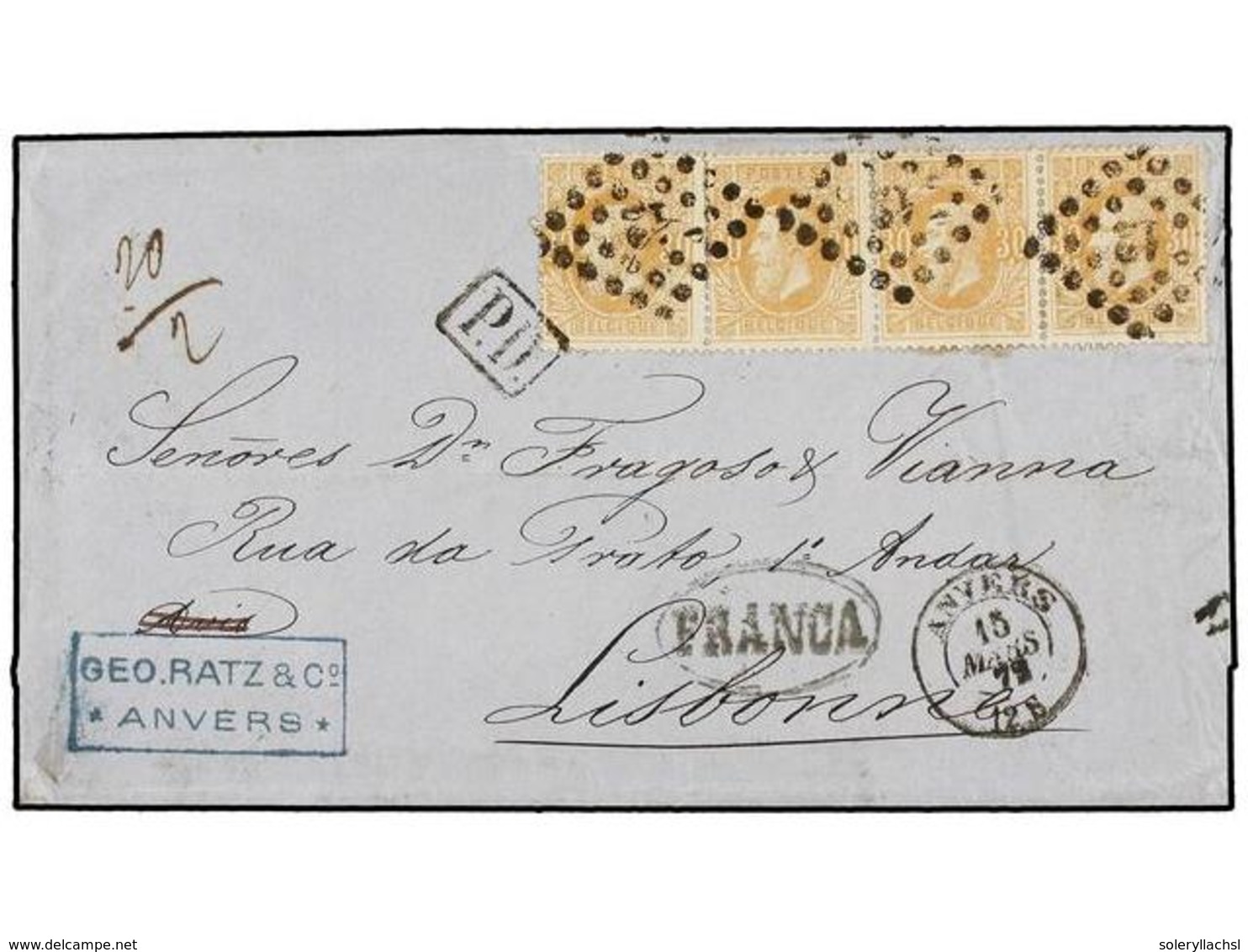 86 BELGICA. Of.33 (4). 1872. ANVERS To LISBOA (Portugal). Entire Letter Franking With Strip Of Four <B>30 Cts.</B> Ocre  - Sonstige & Ohne Zuordnung