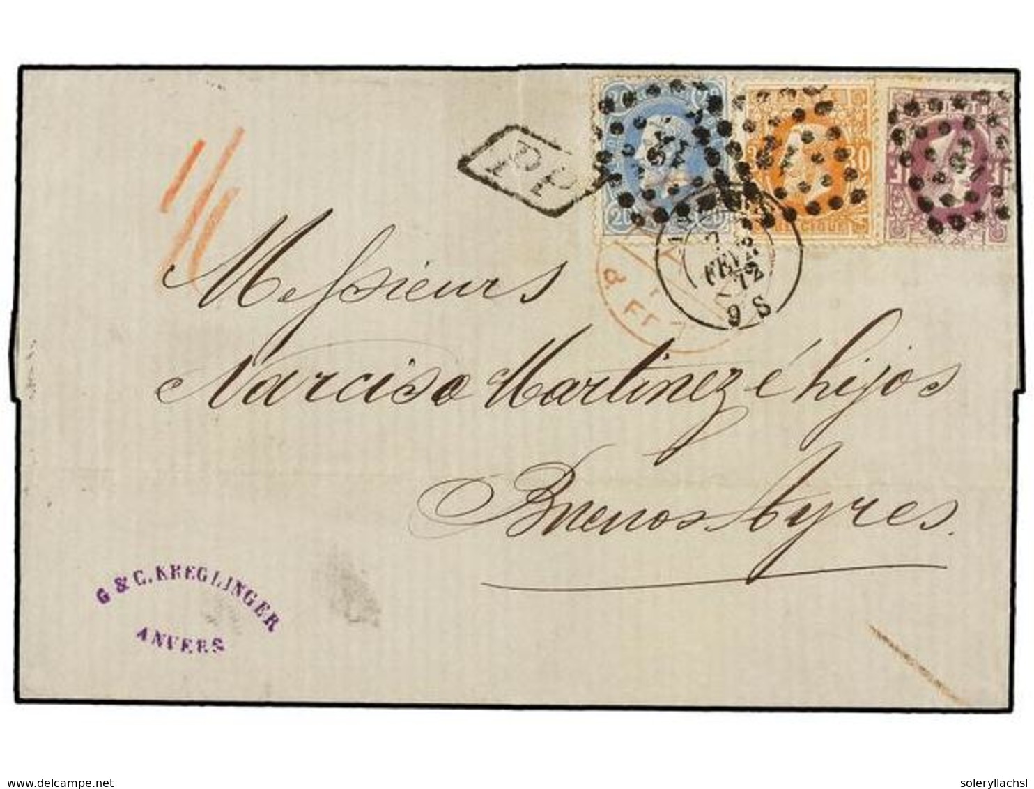 87 BELGICA. 1872. ANVERS To BUENOS AYRES (Argentina). Folded Letter Franked With <B>20 Cts.</B> Blue, <B>30 Cts.</B> Ocr - Sonstige & Ohne Zuordnung