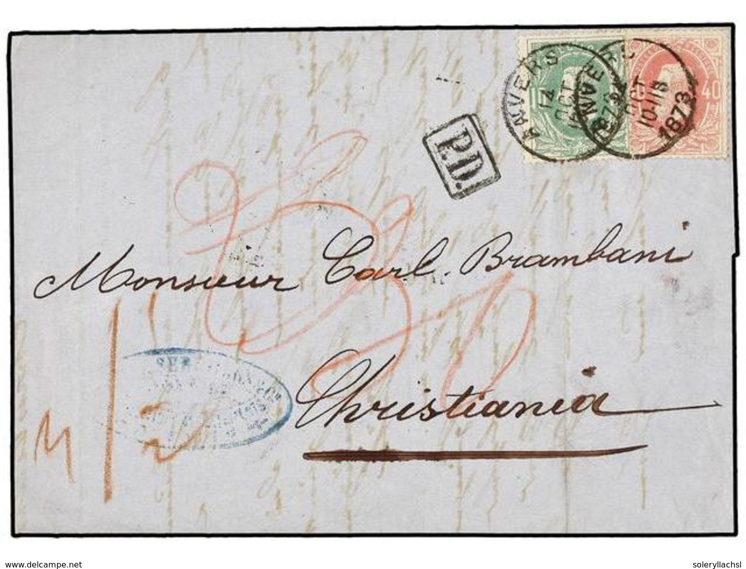 88 BELGICA. Of.30, 34. 1873. ANVERS To NORWAY. Entire Letter Franked With <B>10 Cts.</B> Green And <B>40 Cts.</B> Rose S - Altri & Non Classificati