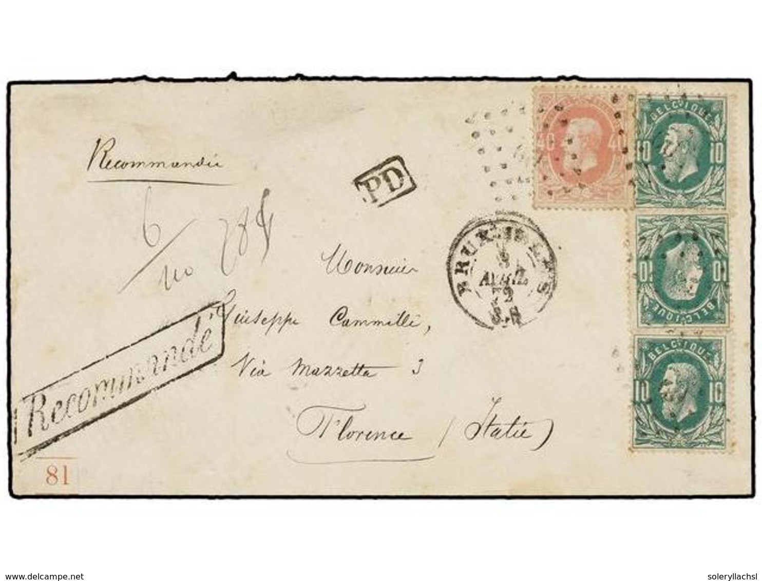 89 BELGICA. Of.30 (3), 34. 1872. BRUXELLES To FLORENCE. Envelope Franked With Three <B>10 Cts.</B> Green And <B>40 Cts.< - Autres & Non Classés