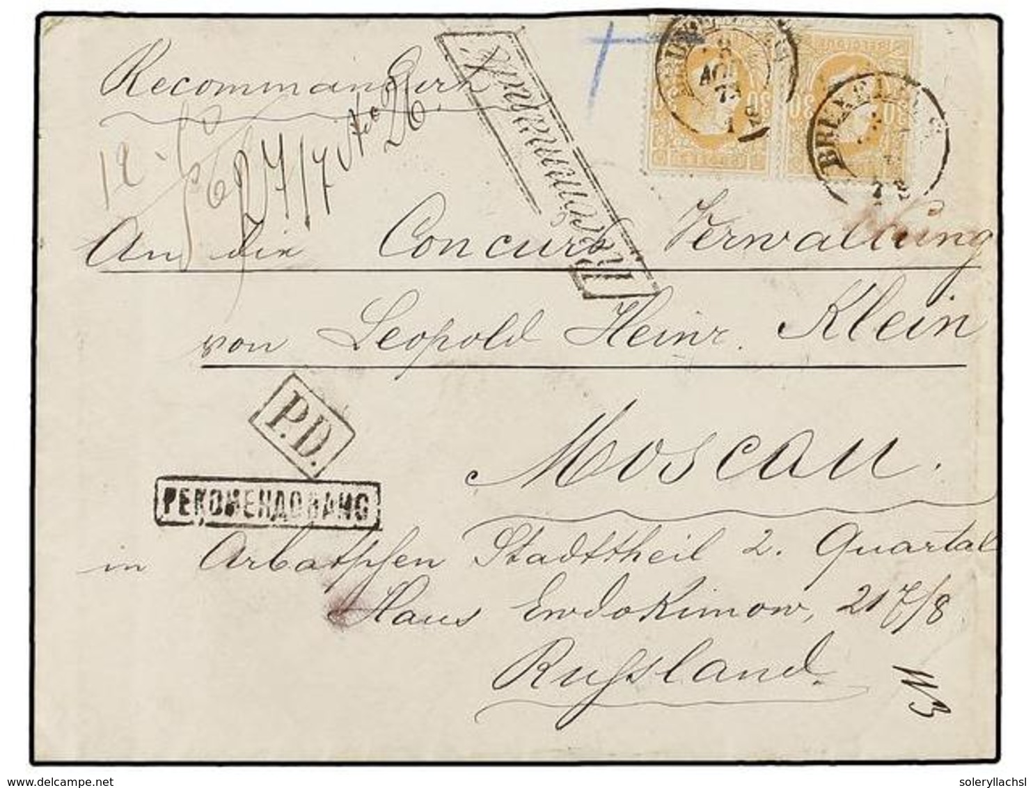 91 BELGICA. Of.33 (2). 1873. BRUXELLES To MOSCOW (Russia). Envelope Franked With Two <B>30 Cts.</B> Ocre Stamps. <B>RECO - Autres & Non Classés