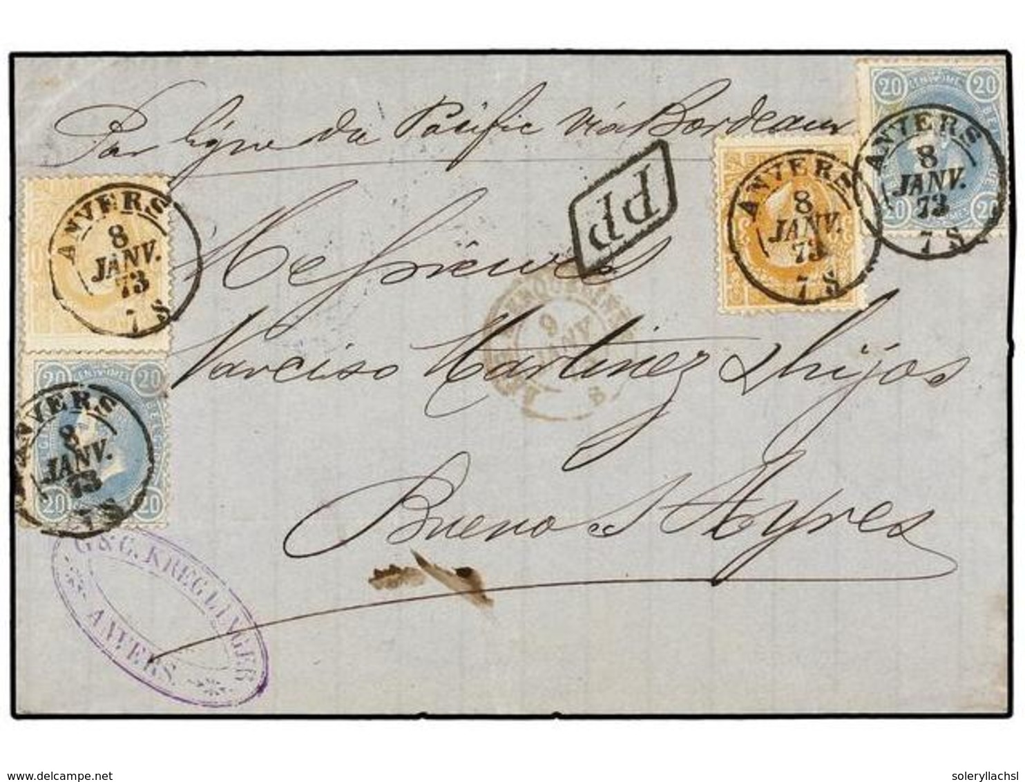92 BELGICA. Of.30 (2), 31 (2). 1873. ANVERS To BUENOS AYRES (Argentina). Folded Letter Franked With Two <B>20 Cts.</B> B - Sonstige & Ohne Zuordnung