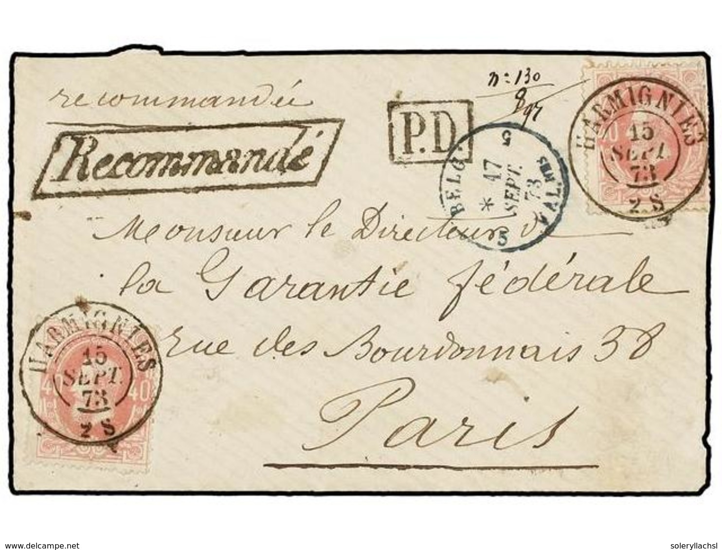 93 BELGICA. Of.34 (2). 1873. HARMIGNIES To FRANCE. Envelope Franked With Two <B>40 Cts.</B> Rose Stamps. <B>RECOMMANDE</ - Autres & Non Classés