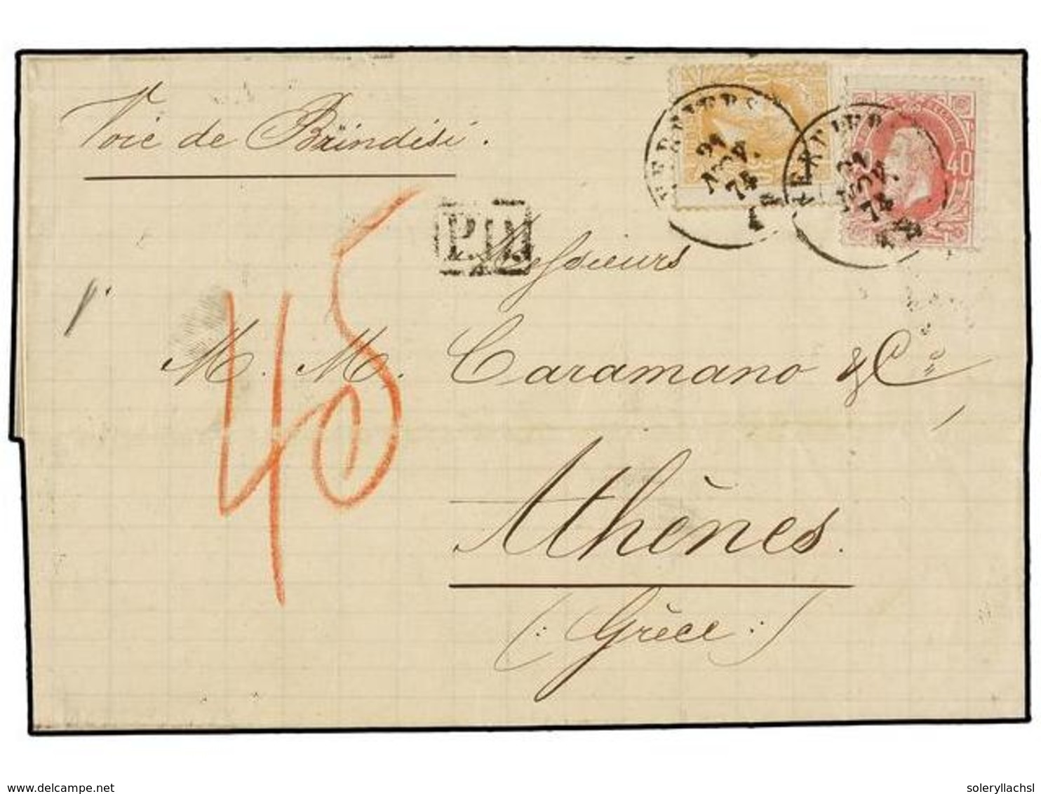 95 BELGICA. Of.33, 34. 1874. VERVIERS To ATHENS (Greece). Entire Letter Franked With <B>30 Cts.</B> Ocre And <B>40 Cts.< - Other & Unclassified