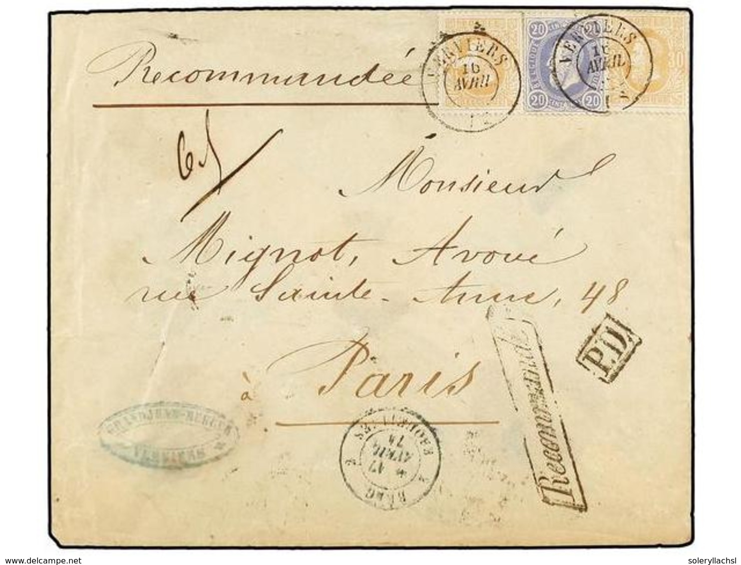 96 BELGICA. Of.31, 33 (2). 1874. VERVIERS To FRANCE. Envelope Franked With <B>20 Cts.</B> And Two <B>30 Cts.</B> Ocre St - Autres & Non Classés