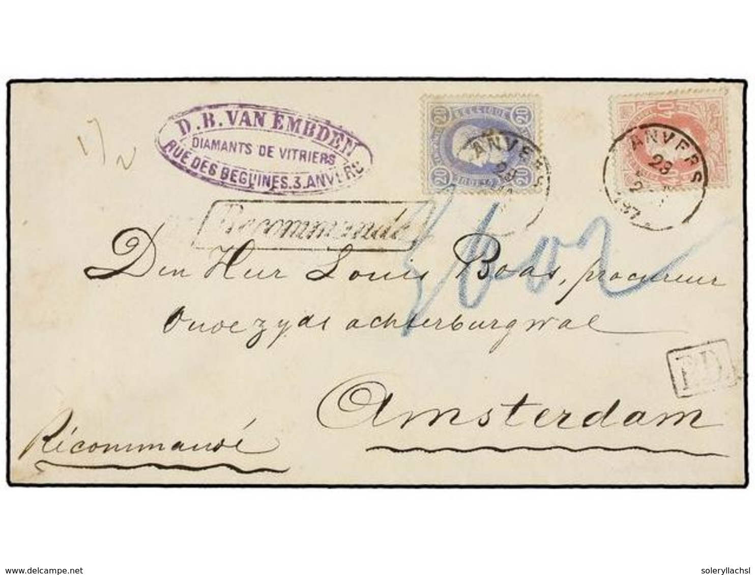 97 BELGICA. Of.31, 34. 1874. ANVERS To HOLLAND. Envelope Franked With <B>10 Cts.</B> Green And <B>40 Cts.</B> Rose Stamp - Sonstige & Ohne Zuordnung