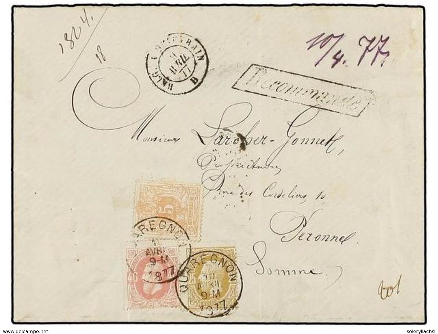 98 BELGICA. Of.28, 32, 34. 1877. QUAREGNON To FRANCE. Envelope Franked With <B>5 Cts.</B> Orange, <B>25 Cts.</B> Olive A - Sonstige & Ohne Zuordnung