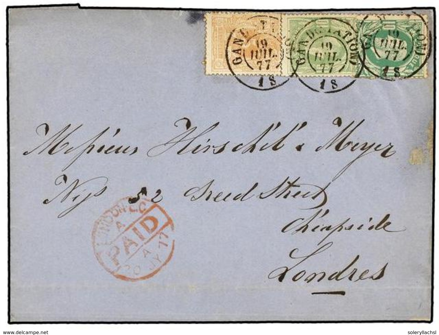 99 BELGICA. Of.28, 30, 30a. 1877. GAND To LONDON (Great Britain). Folded Letter Franked With <B>10 Cts.</B> Green, <B>10 - Andere & Zonder Classificatie