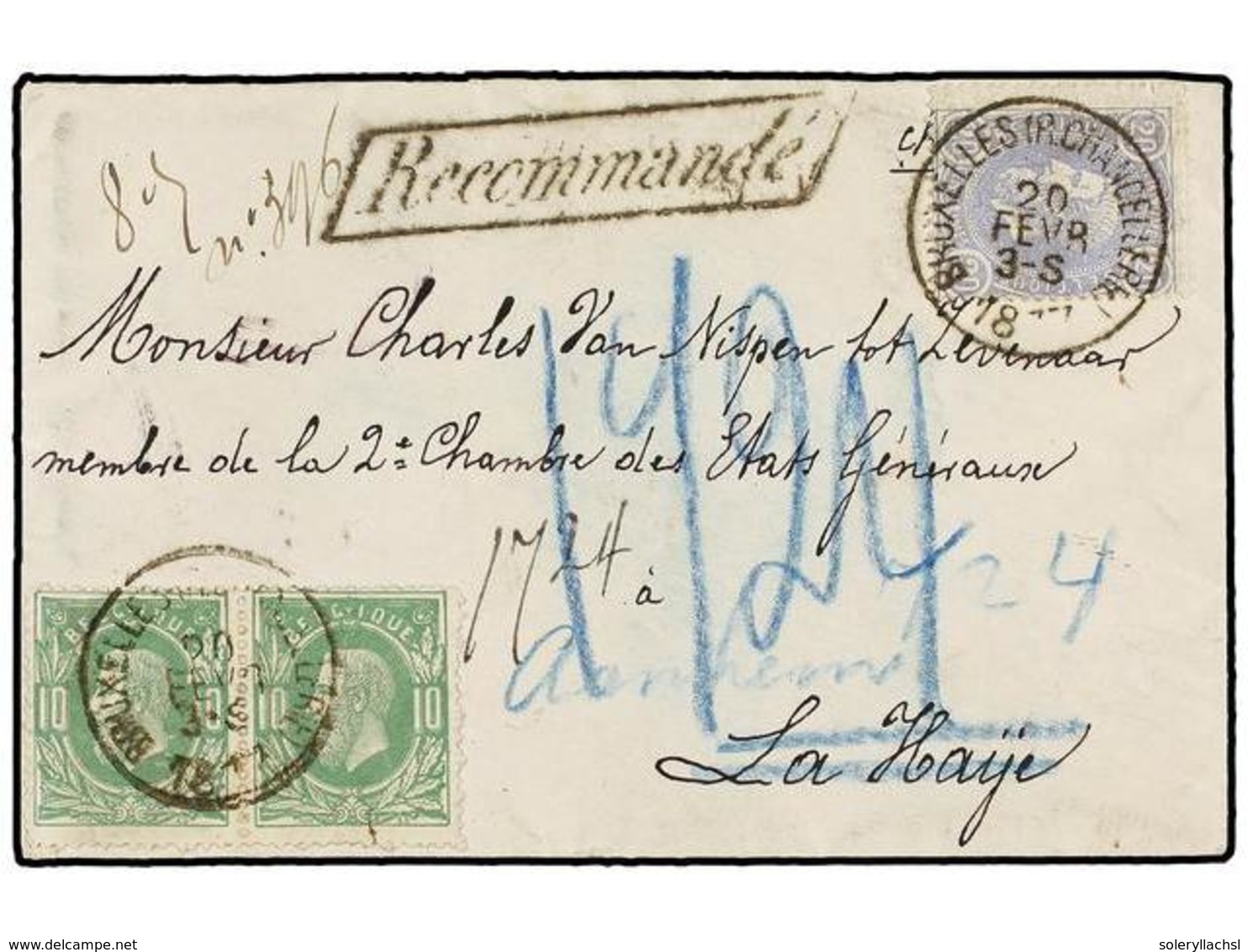 100 BELGICA. Of.30 (2), 31. 1877. BRUXELLES To HOLLAND. Envelope Franked With Two <B>10 Cts.</B> Green And <B>20 Cts.</B - Sonstige & Ohne Zuordnung