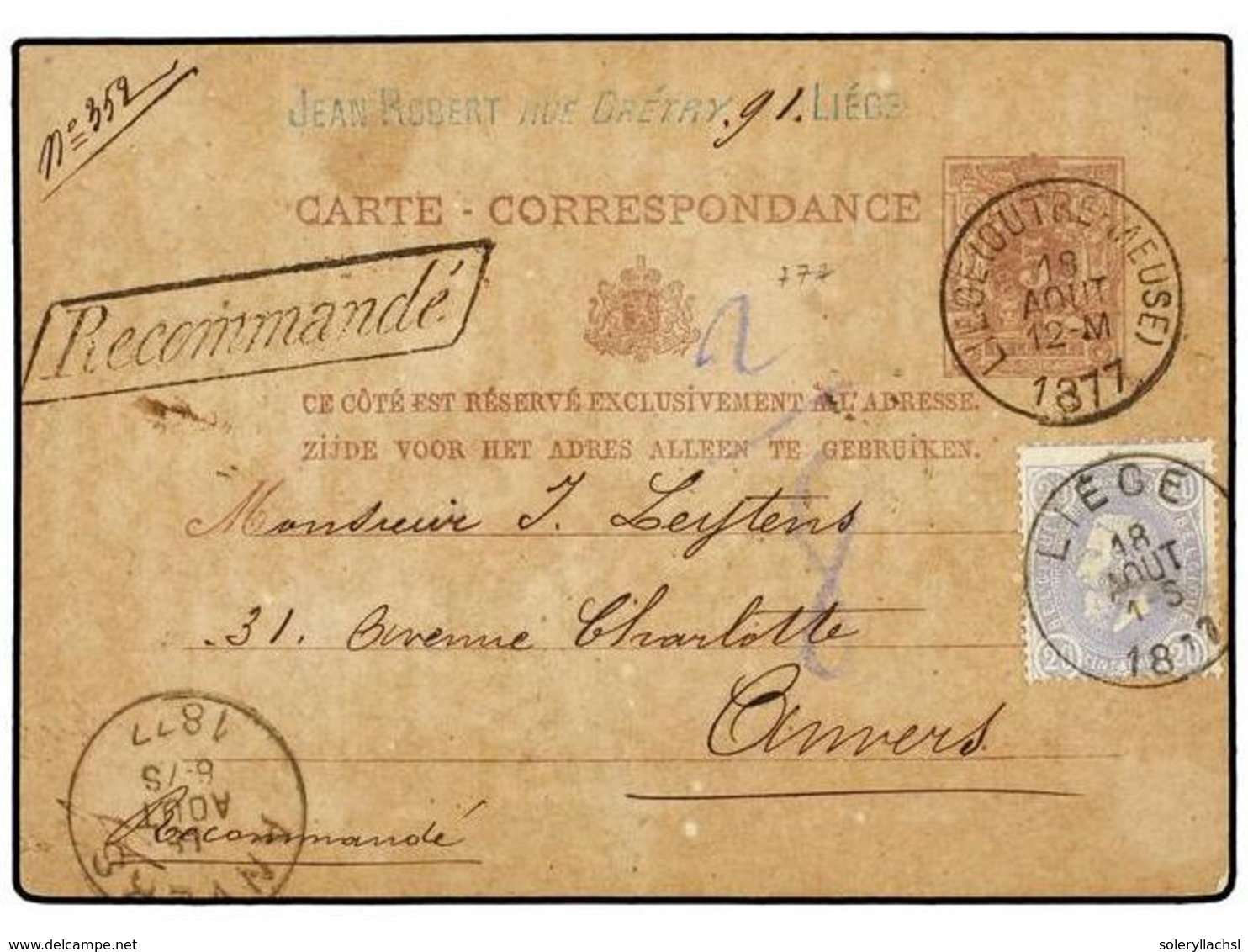 101 BELGICA. Of.31. 1877. LIEGE To ANVERS. <B>5 Cts.</B> Lilac Postal Stationery Card Uprated With <B>20 Cts.</B> Blue S - Andere & Zonder Classificatie