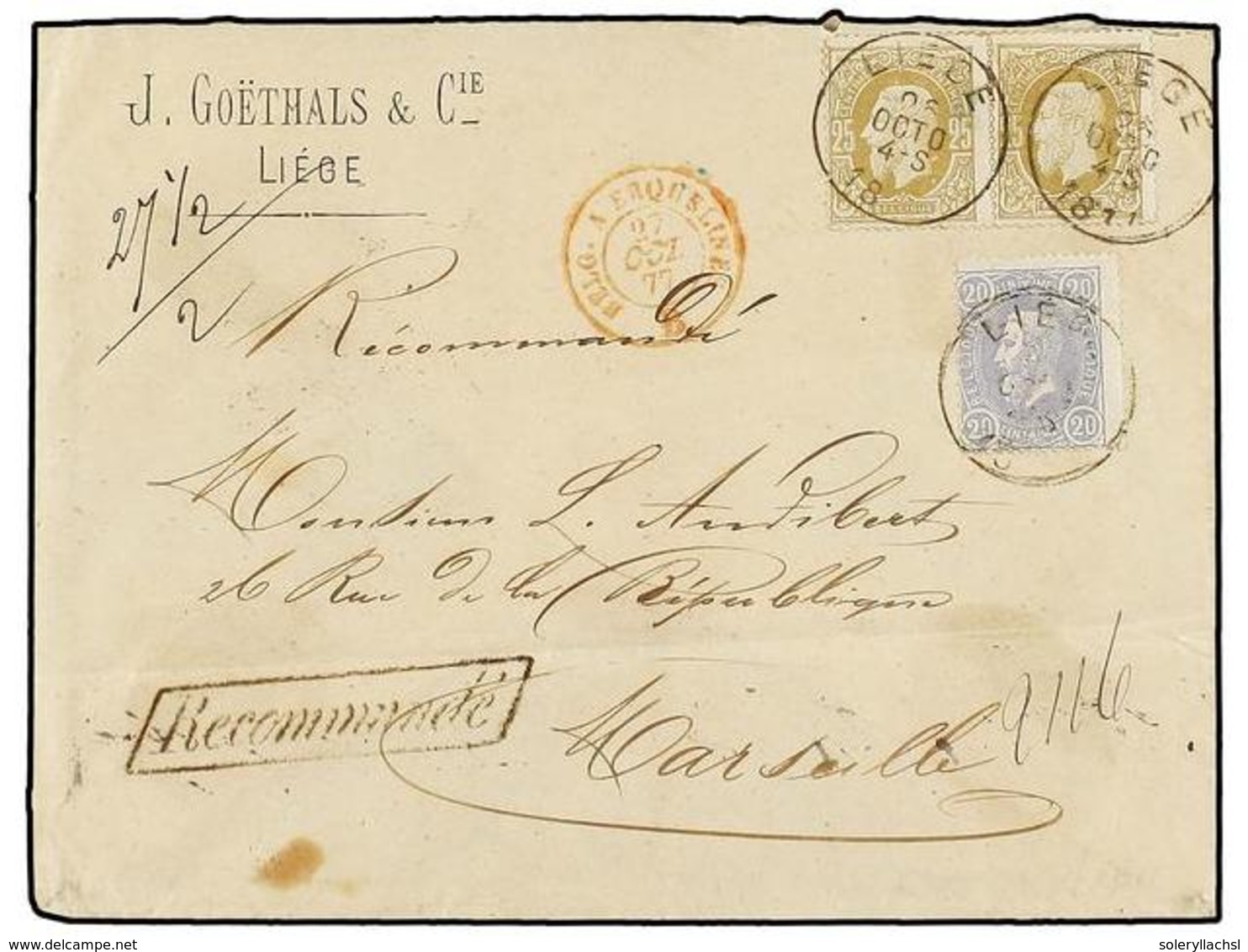 102 BELGICA. Of.31, 32 (2). 1877. LIEGE To FRANCE. Envelope Franked With <B>20 Cts. </B>blue And Two <B>25 Cts.</B> Oliv - Sonstige & Ohne Zuordnung