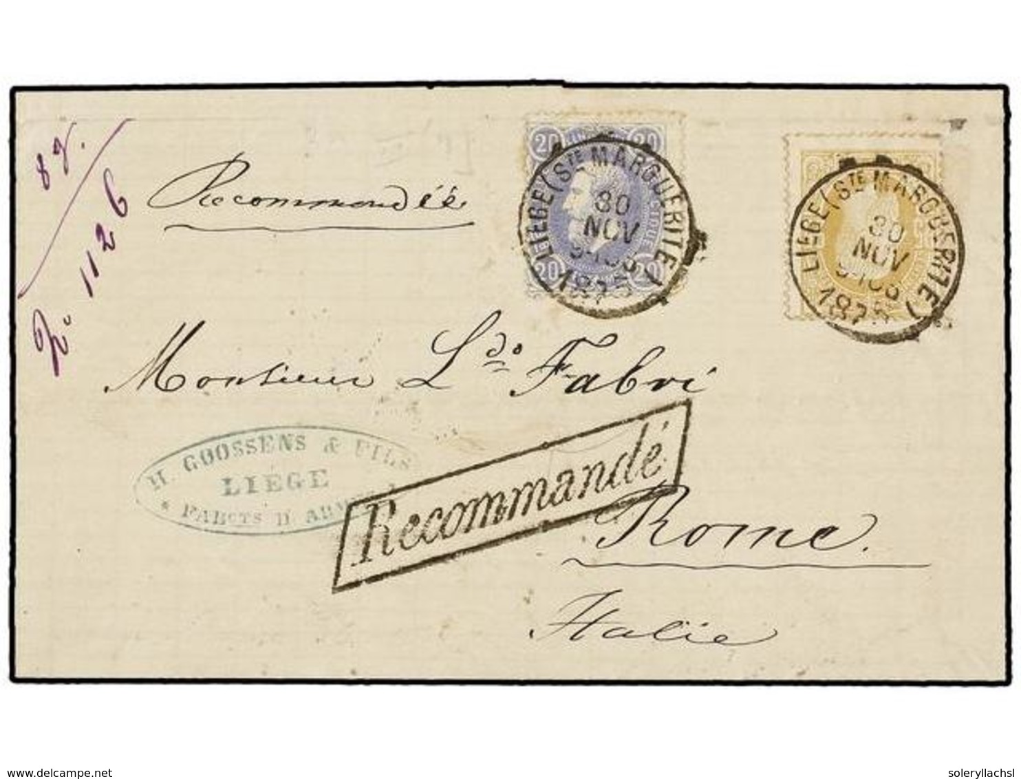103 BELGICA. Of.31, 32. 1875. LIEGE To ROME (Italy). Folded Letter Franked With <B>20 Cts. </B>blue And <B>25 Cts.</B> O - Andere & Zonder Classificatie