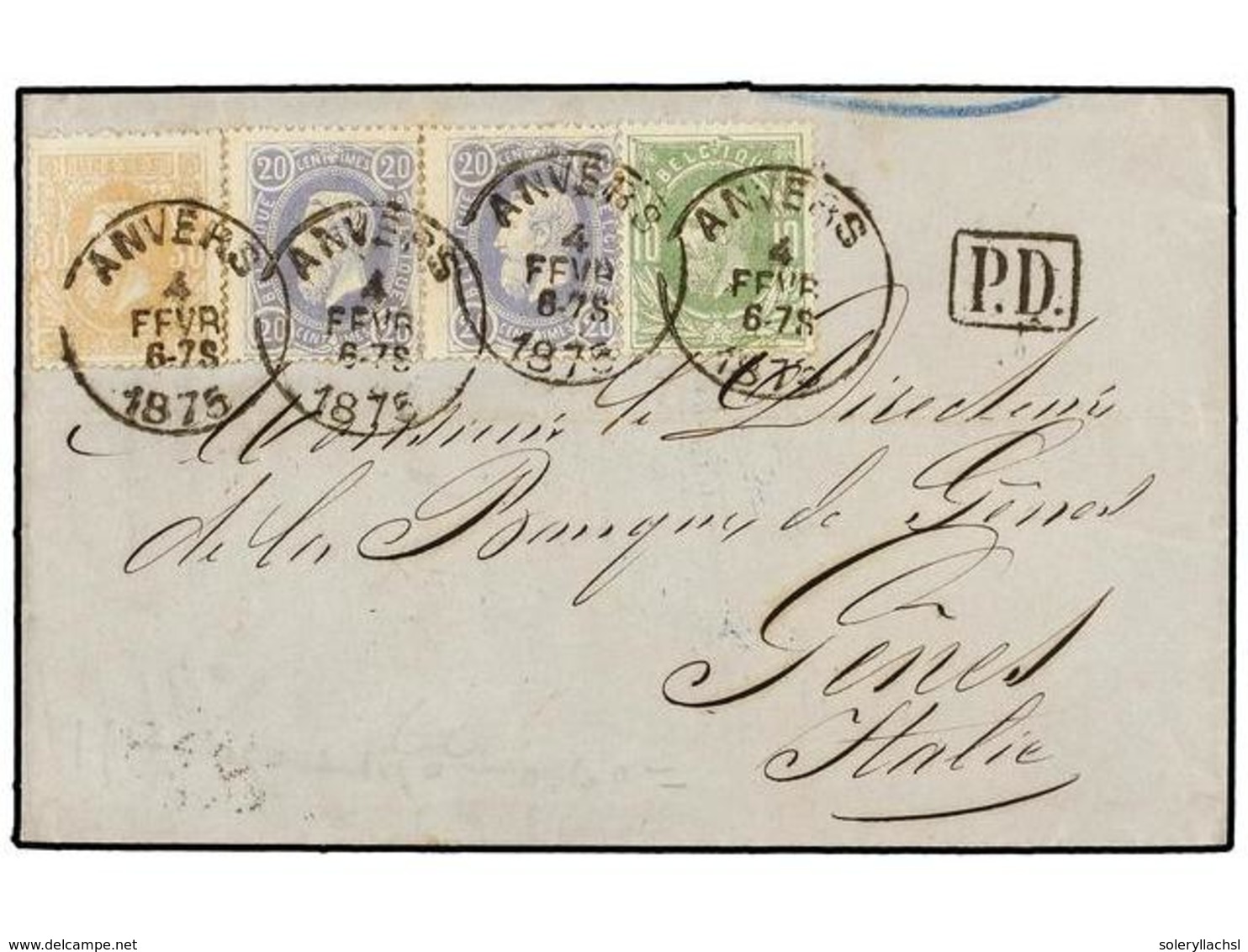 105 BELGICA. Of.30, 31 (2), 33. 1875. ANVERS To GENOVA (Italy). Entire Letter Franked With <B>10 Cts.</B> Green, Two <B> - Andere & Zonder Classificatie