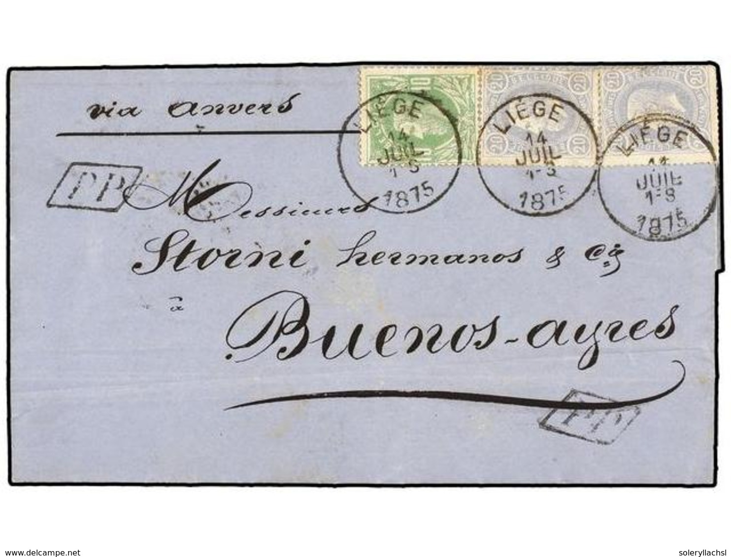 106 BELGICA. Of.30, 31 (2). 1875. LIEGE To BUENOS AYRES (Argentina). Entire Letter Franked With <B>10 Cts.</B> Green And - Sonstige & Ohne Zuordnung