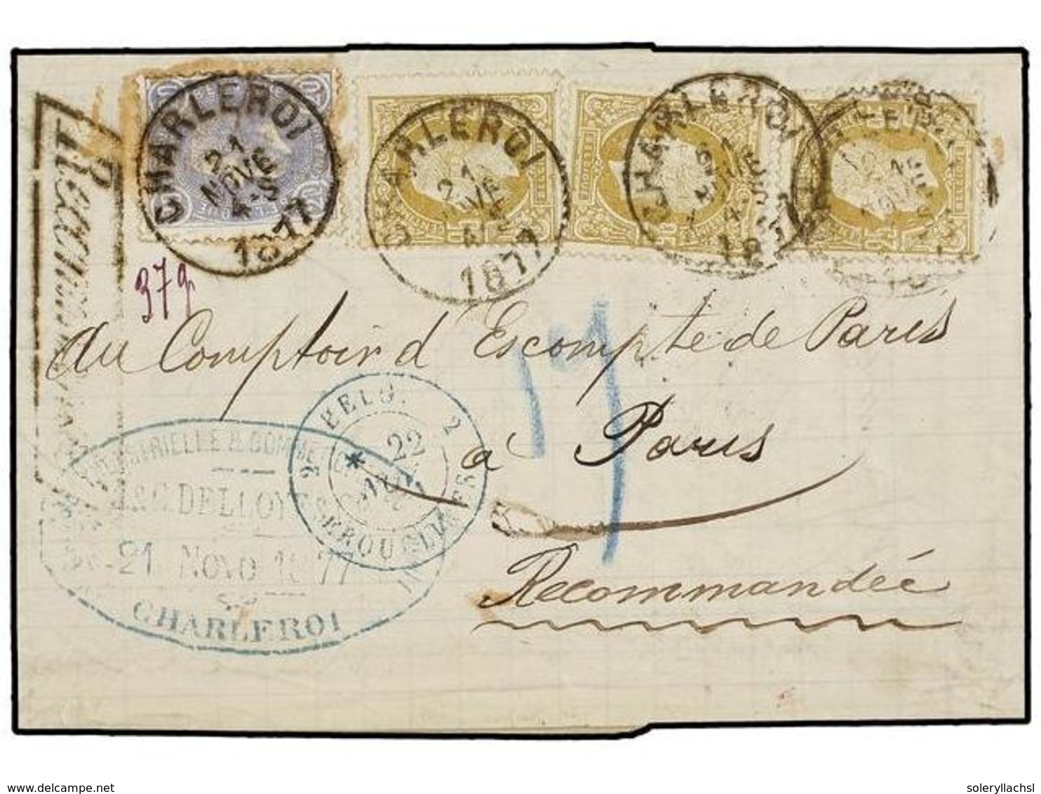 108 BELGICA. Of.31, 32 (3). 1877. CHARLEROI To FRANCE. Entire Letter Franked With <B>20 Cts.</B> Blue (light Fault) And  - Autres & Non Classés
