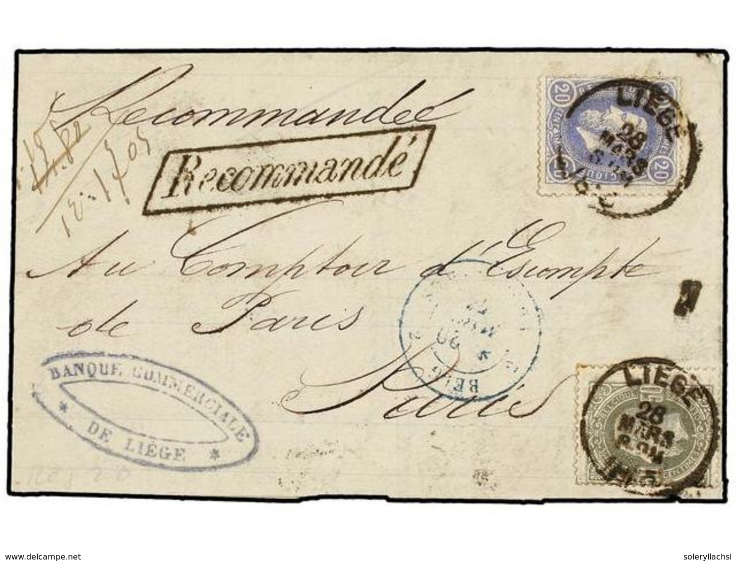 109 BELGICA. Of.31, 35. 1876. LIEGE To FRANCE. Entire Letter Franked With <B>20 Cts.</B> Blue And <B>50 Cts.</B> Grey St - Sonstige & Ohne Zuordnung