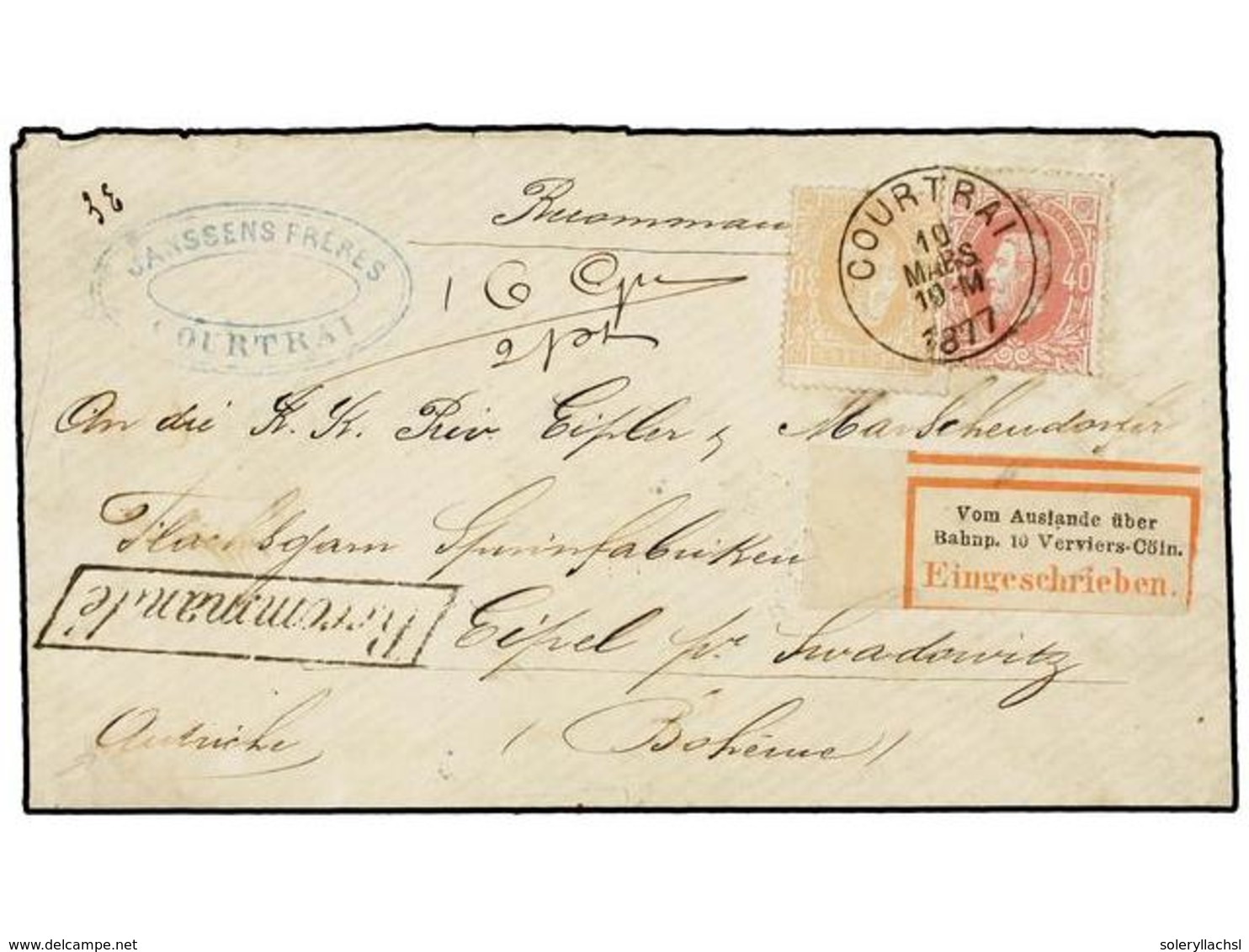 110 BELGICA. Of.33, 34. 1877. COURTRAI To EPIEL (Boheme, Austria). Envelope Franked With <B>30 Cts.</B> Ocre And <B>40 C - Sonstige & Ohne Zuordnung