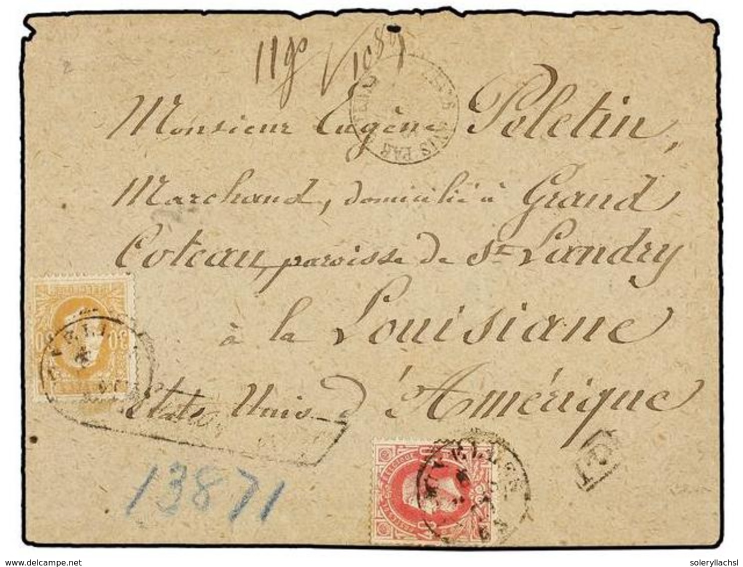 111 BELGICA. Of.33, 34. (1875?). BRUXELLES To LOUISIANE (U.S.A.). Envelope (part Of Back Missing) Franked With <B>30 Cts - Andere & Zonder Classificatie