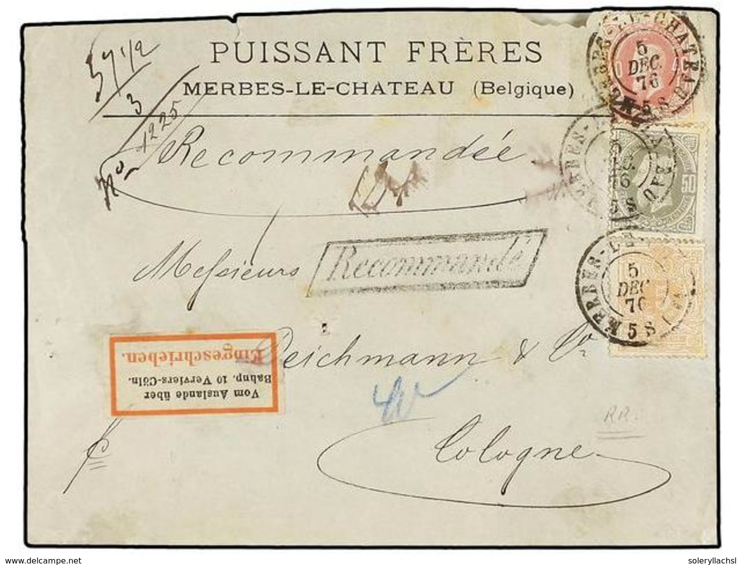 112 BELGICA. Of.28, 33, 34. 1876. MERBES LE CHATEAU To COLOGNE (Germany). Envelope Franked With <B>5 Cts.</B> Ocre, <B>4 - Autres & Non Classés
