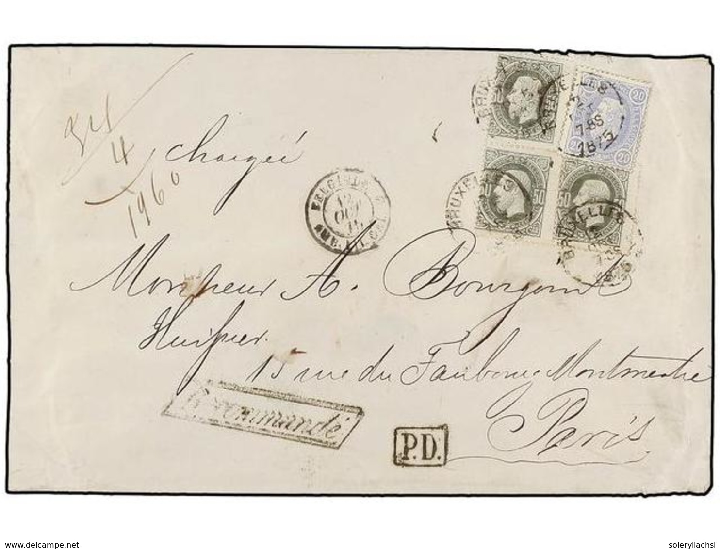 115 BELGICA. Of.31, 35 (3). 1875. BRUXELLES To FRANCE. Envelope Franked With <B>20 Cts.</B> Blue And Three <B>50 Cts.</B - Andere & Zonder Classificatie