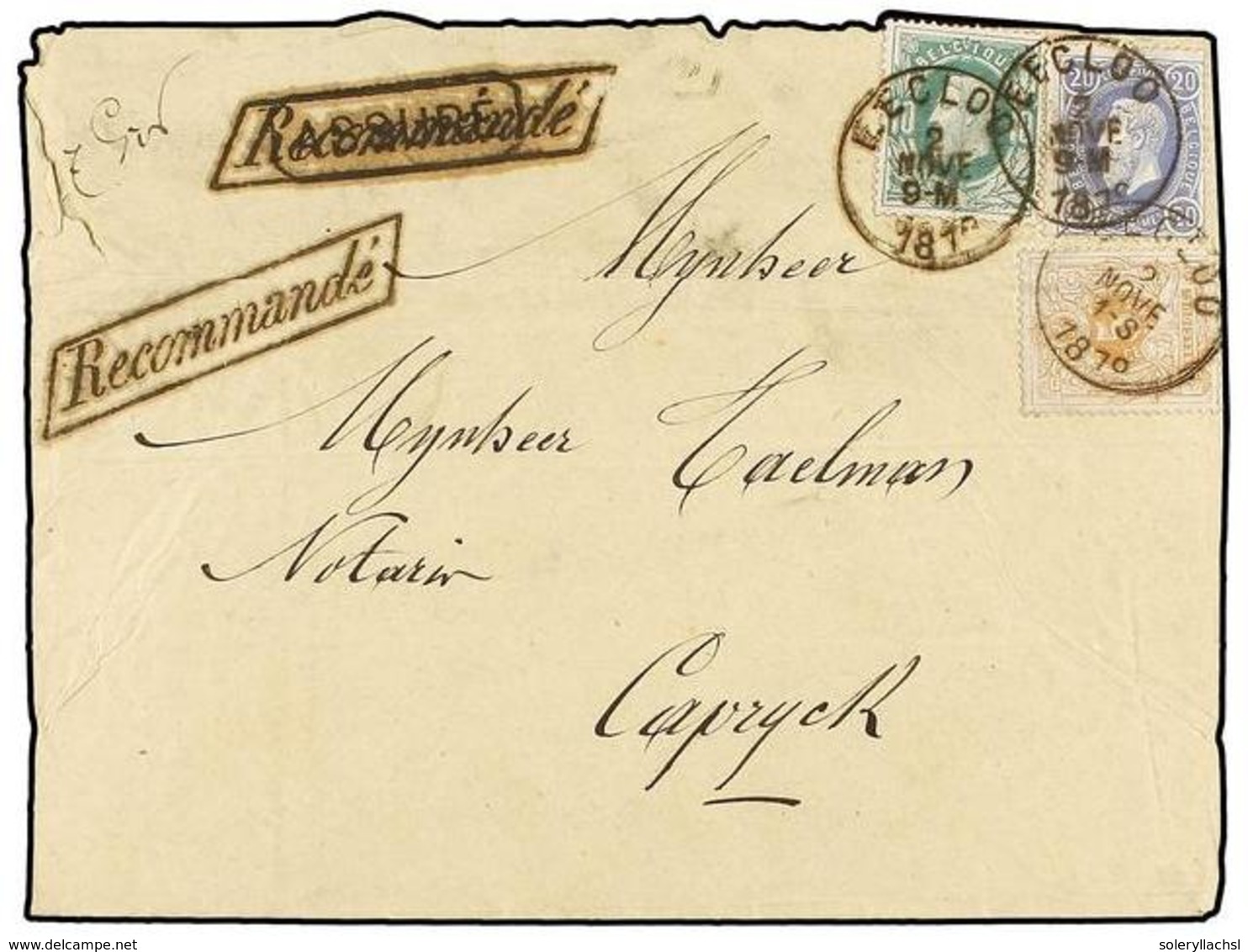 117 BELGICA. Of.28, 30, 31. 1879. EECLOO To CAPRYCK. Envelope Franked With <B>5 Cts.</B> Orange, <B>10 Cts.</B> Green An - Other & Unclassified