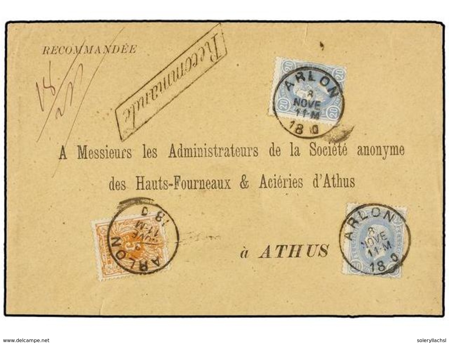 119 BELGICA. Of.28, 31 (2). 1880. ARLON To ATHUS. Envelope Franked With <B>5 Cts.</B> Orange And Two <B>20 Cts.</B> Vlue - Andere & Zonder Classificatie