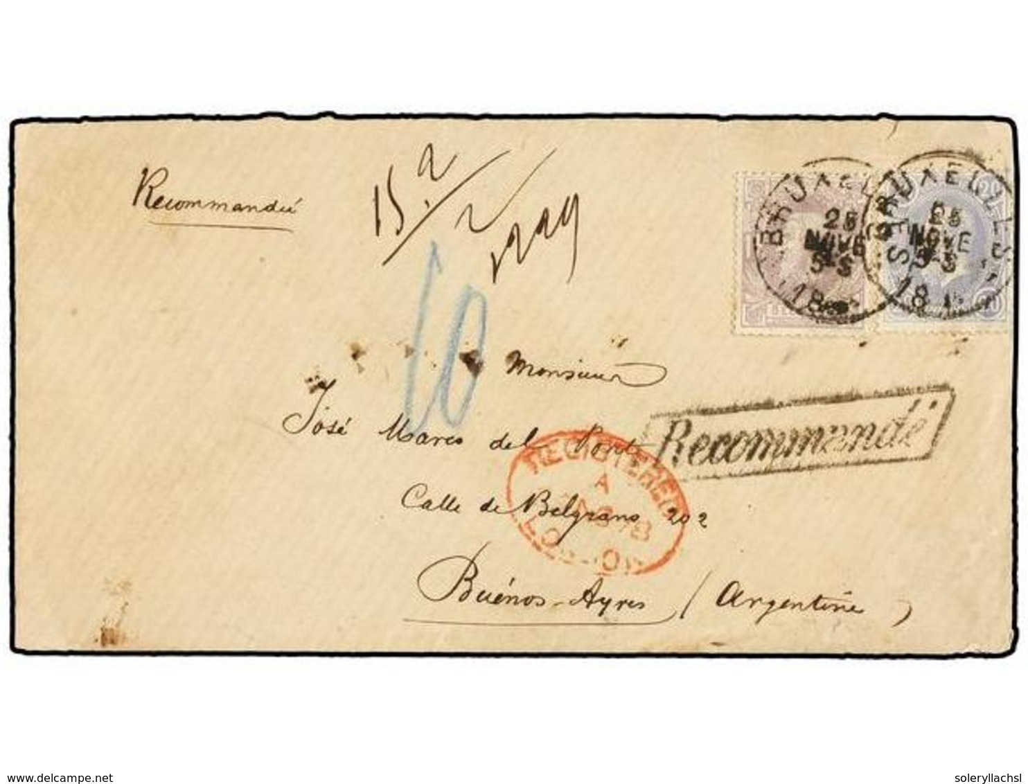 121 BELGICA. Of.31, 36. 1878. BRUXELLES To BUENOS AYRES. Envelope Franked With <B>20 Cts.</B> Blue And <B>1 Fr. </B>lila - Autres & Non Classés