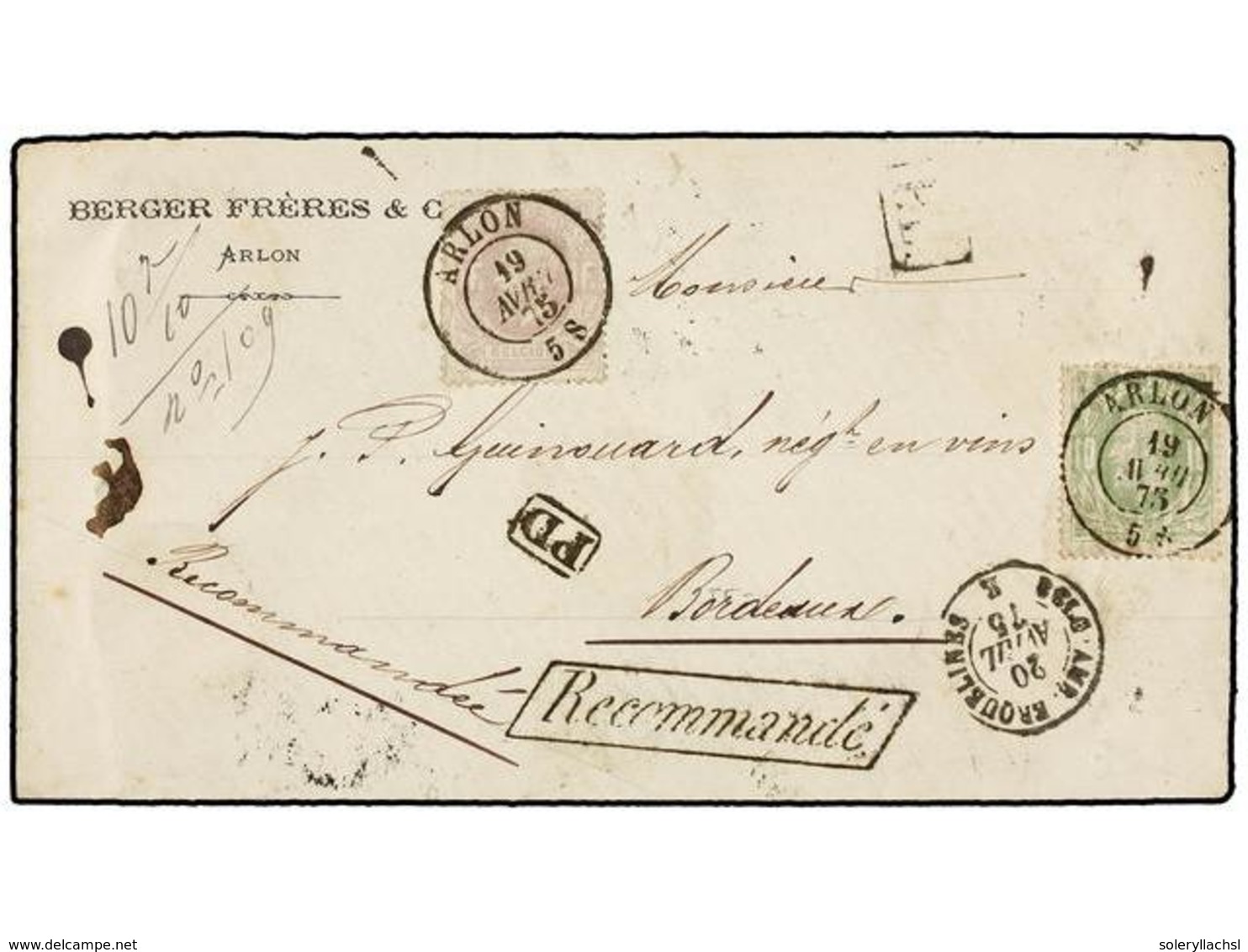 122 BELGICA. Of.30, 36. 1875. ARLO To FRANCE. Envelope Franked With <B>10 Cts.</B> Green And <B>1 Fr.</B> Lilac Stamps.  - Autres & Non Classés