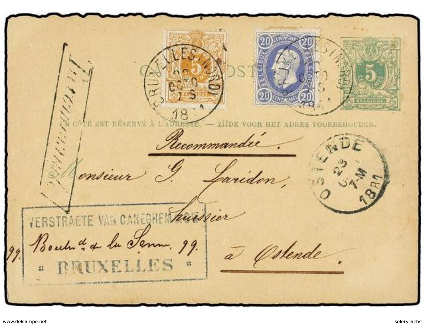 123 BELGICA. 1881. BRUXELLES To OSTENDE. <B>5 Cts.</B> Green Postal Stationery Card Uprated With <B>5 Cts.</B> Ocre And  - Andere & Zonder Classificatie