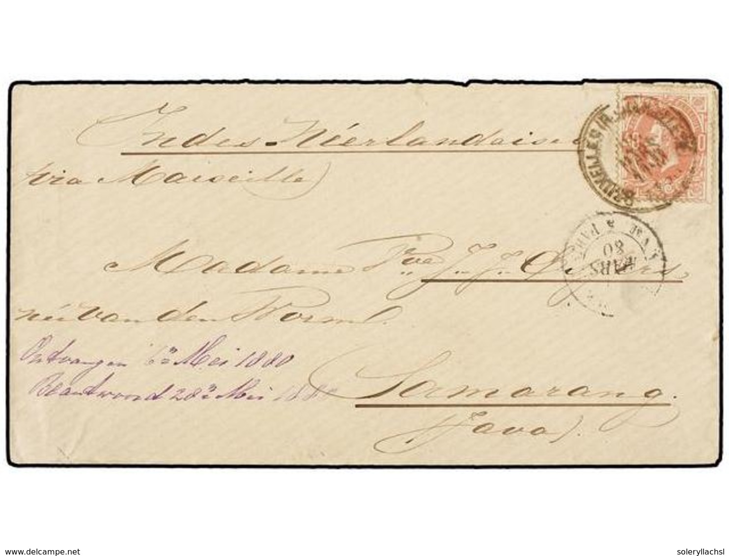 127 BELGICA. Of.34. 1880. BRUXELLES To SAMARANG (Java). Envelope Franked With <B>40 Cts.</B> Rose Stamp. Arrival Cds. On - Andere & Zonder Classificatie