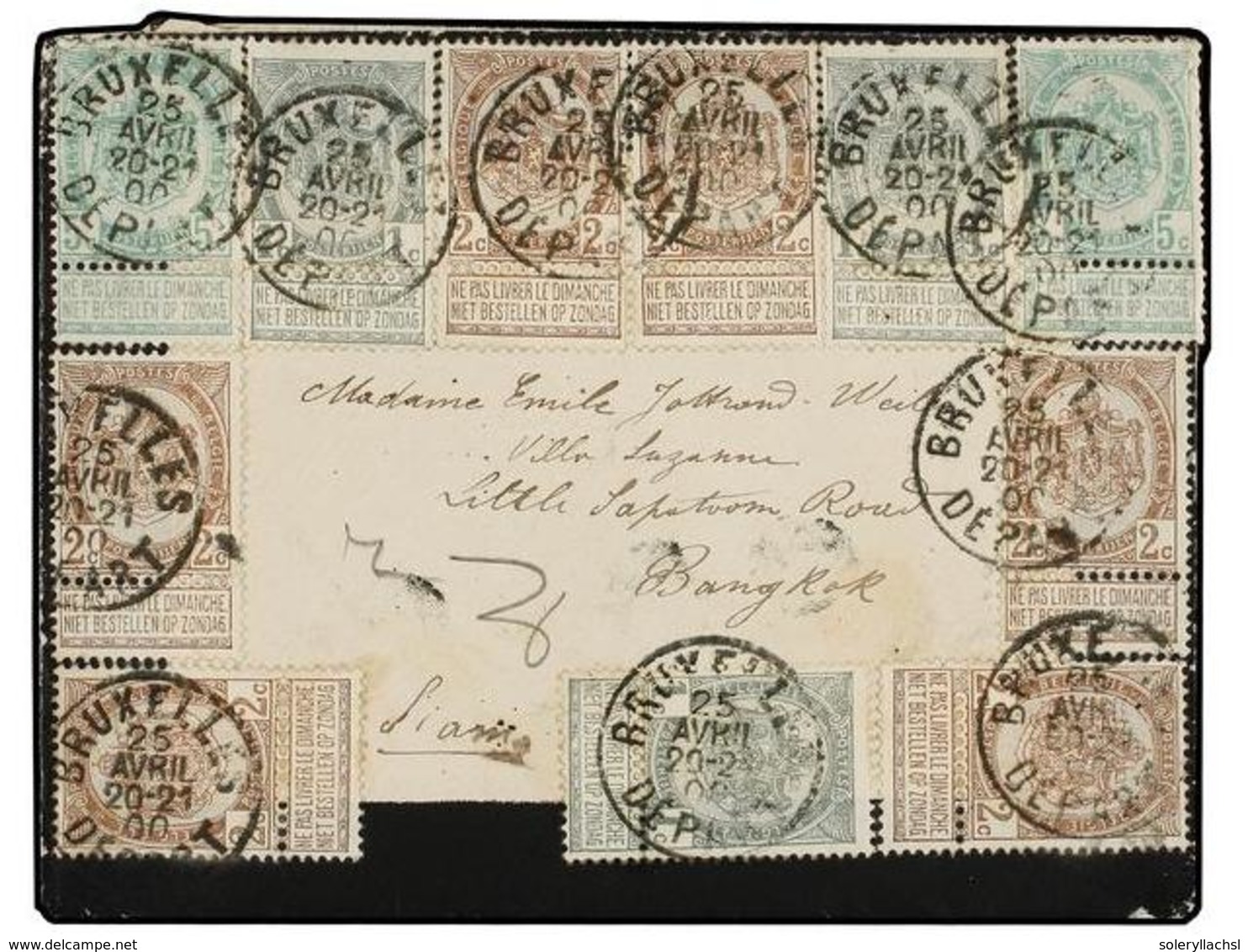 130 BELGICA. 1900. BRUXELLES To BANGKOK (Siam). Envelope Franked With Three <B>1 Cto. </B>grey, Six <B>2 Cts.</B> Brown  - Autres & Non Classés