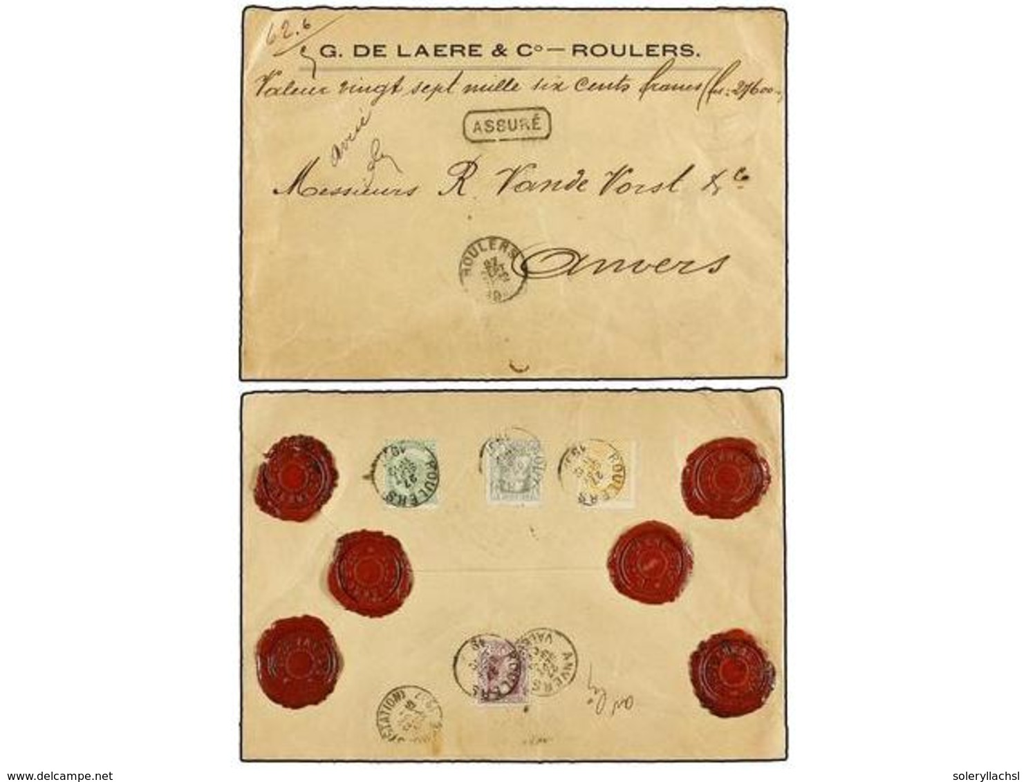 131 ESPAÑA. Of.80, 79, 78, 83. 1907. ROULERS To ANVERS. Declared Value Envelope (27.500 FB) Franked With <B>5 Cts.</B> G - Andere & Zonder Classificatie