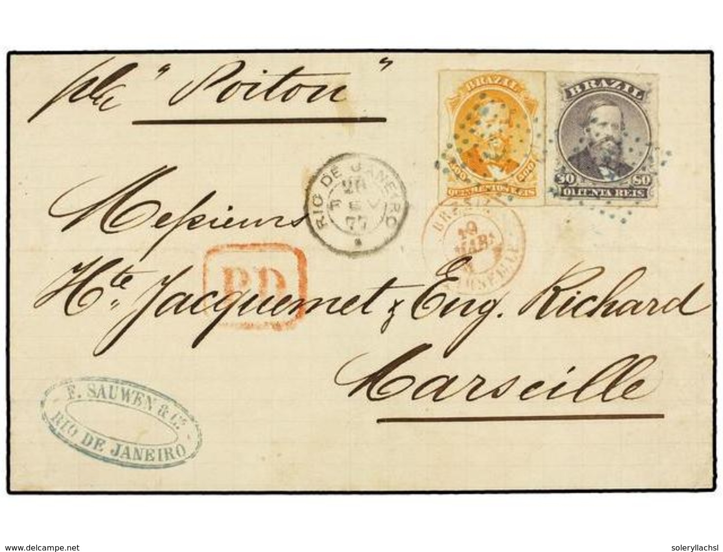 139 BRASIL. Sc.64, 67. 1877. RIO DE JANEIRO A MARSELLA. <B>80 Reis</B> Lila Y <B>500 Reis</B> Naranja, Mat. Francés Romb - Autres & Non Classés