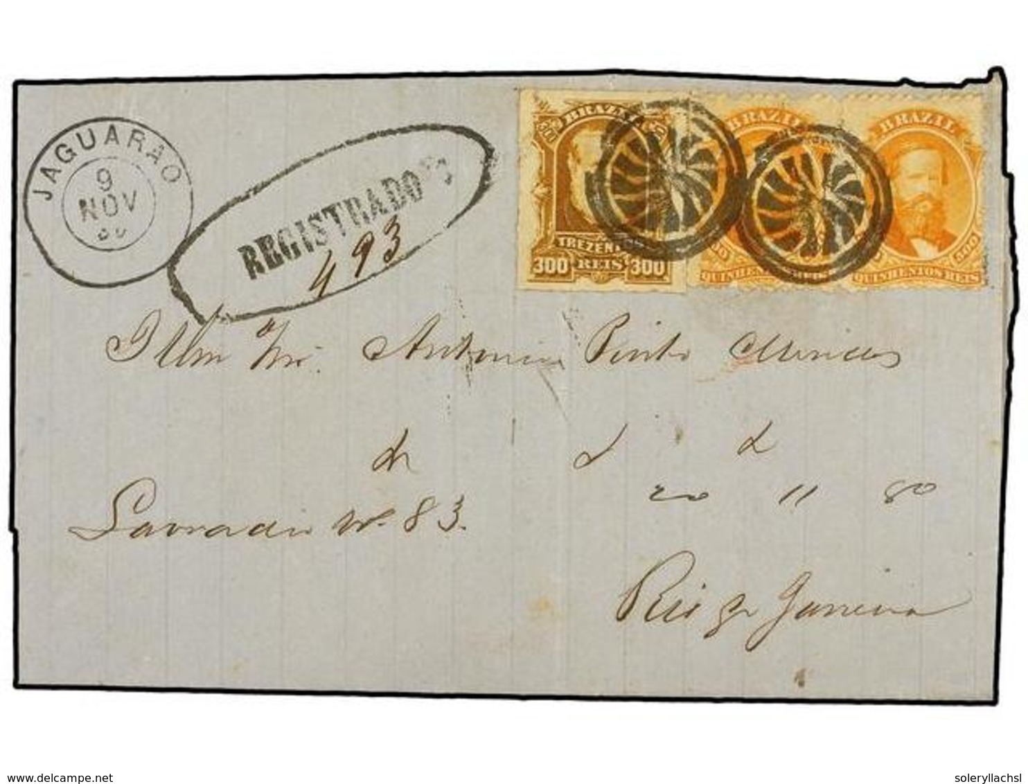 141 BRASIL. Sc.60 (2), 75. 1880 (9 Nov.). JAGUARAO A RÍO DE JANEIRO. <B>300 Reis</B> Bistre Y <B>500 Reis</B> Naranja (2 - Other & Unclassified