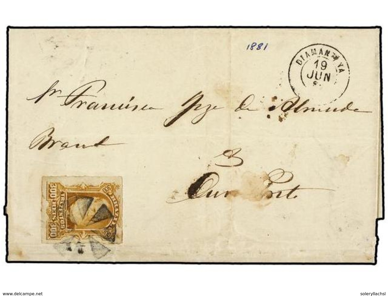 143 BRASIL. Sc.75. 1881. DIAMANTINA A OURO PRETO. <B>300 Reis</B> Bistre. Mat. <B>RUEDA DE 8 RADIOS</B>. RARO Franqueo D - Autres & Non Classés