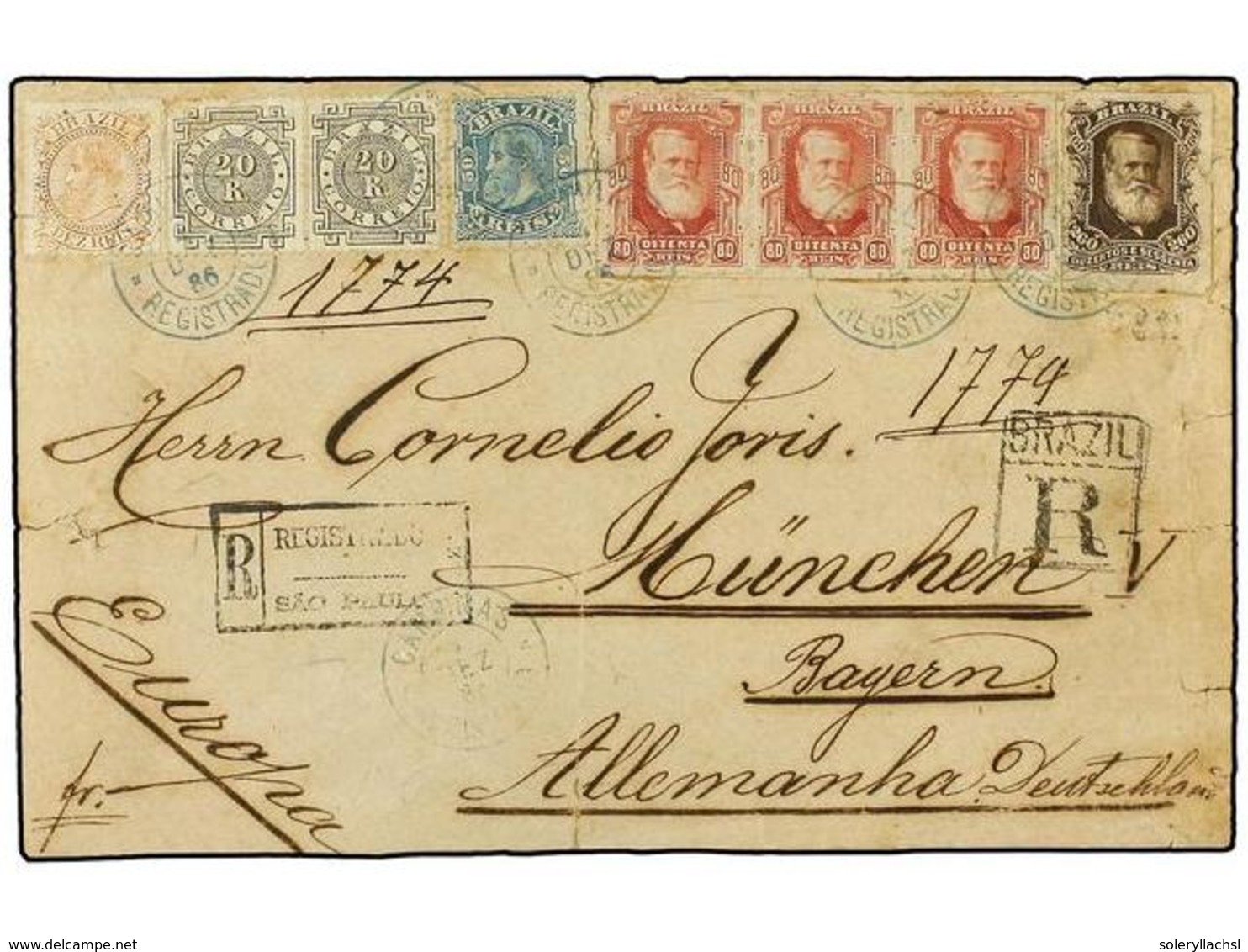 147 BRASIL. Sc.71 (3), 74, 86, 87 (2). 1886 (4 Dic.). CAMPINAS A ALEMANIA. <B>10 Reis, 20 Reis</B> (2), <B>50 Reis, 80 R - Autres & Non Classés