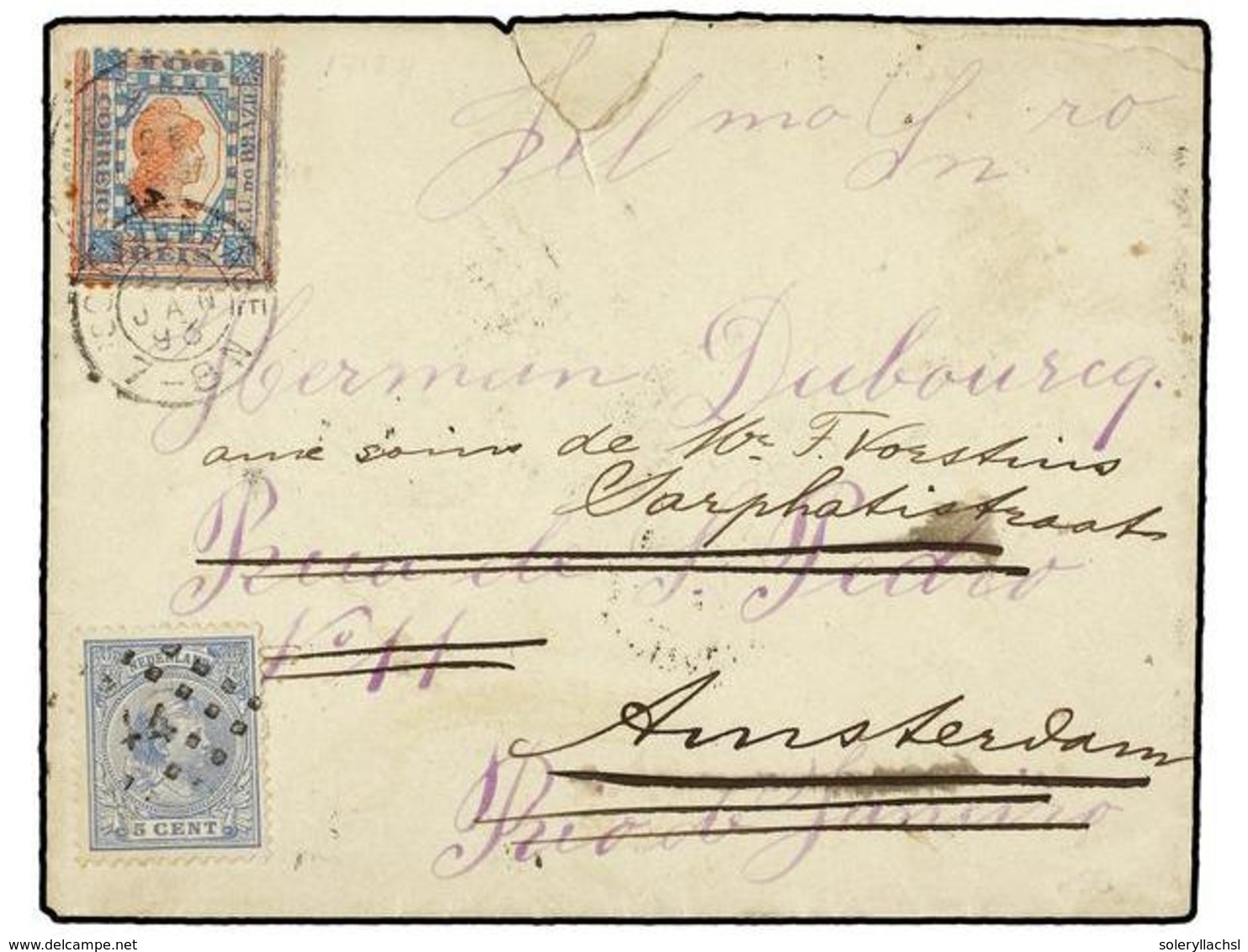 148 BRASIL. Sc.109. 1892. AMSTERDAM A RÍO DE JANEIRO. Circulada Con Sello Holandés De <B>5 Cent.</B> Azul Gris, Reexpedi - Autres & Non Classés