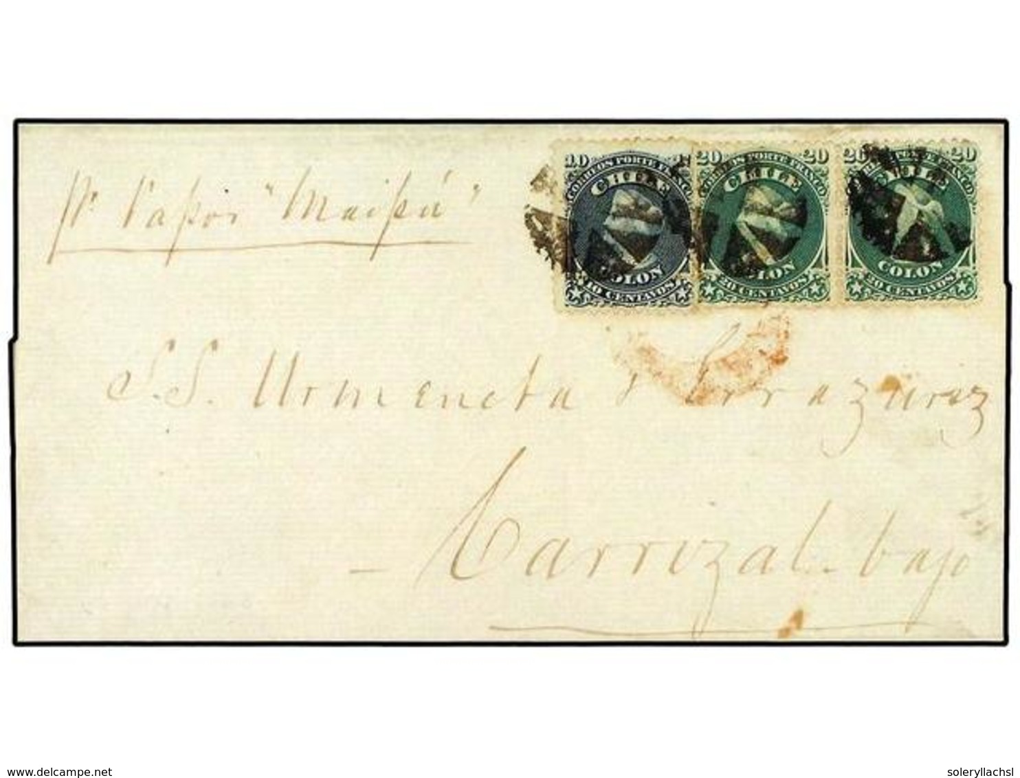 153 CHILE. 1873. VALPARAISO A CARRIZAL. <B>10 Cts.</B> Azul Y <B>20 Cts.</B> Verde (2) (Sc.18,19). Manuscrito 'Por Vapor - Andere & Zonder Classificatie