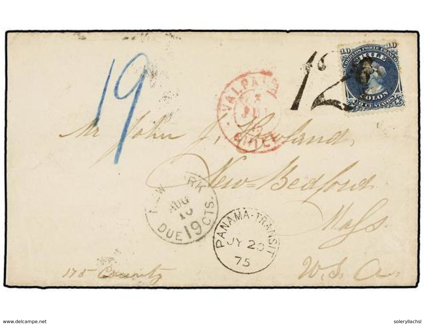 154 CHILE. Sc.18. 1875. VALPARAISO A U.S.A. <B>10 Cts.</B> Azul Con Espectacular Matasellos <B>'12'</B> (tasa USA Vía Pa - Autres & Non Classés