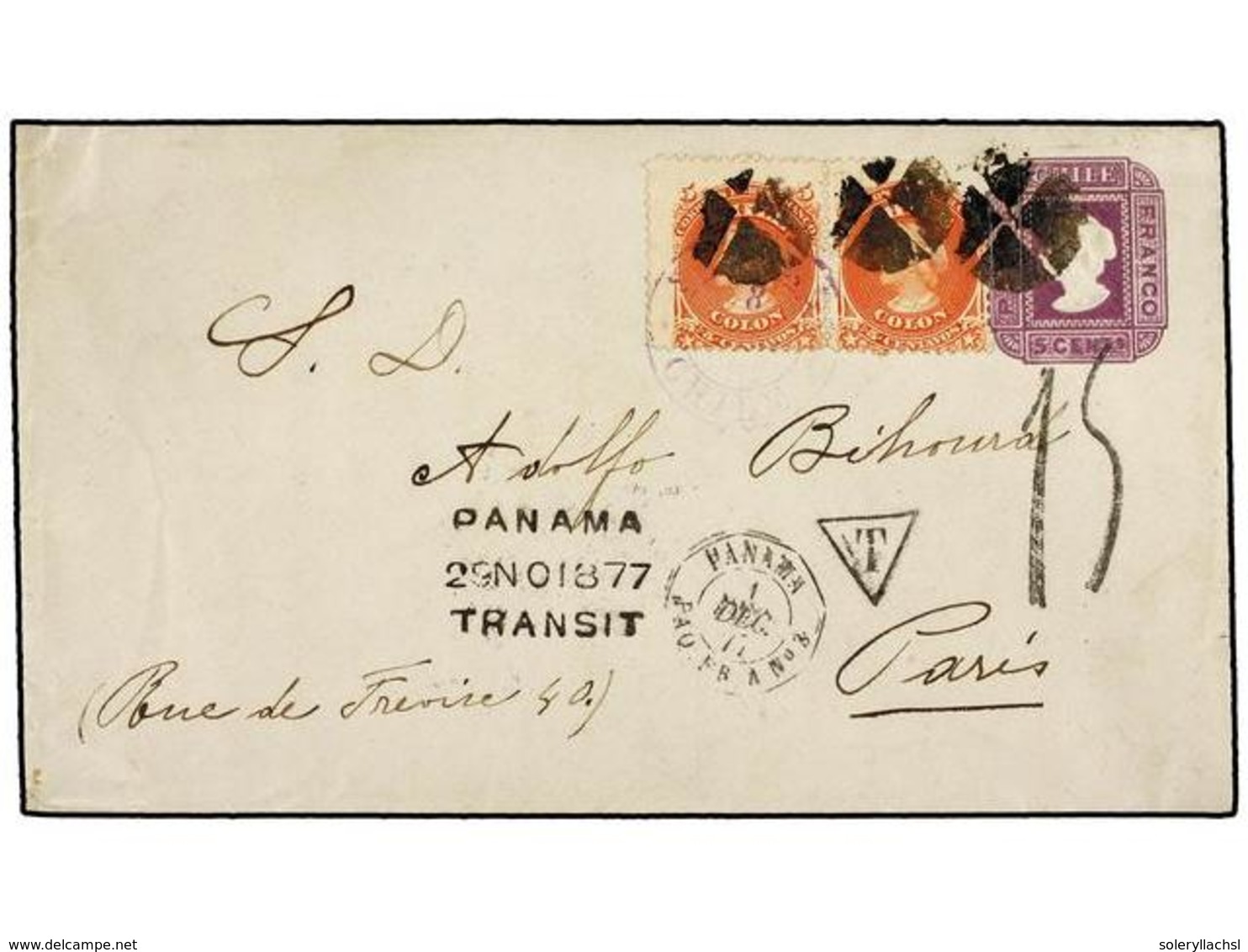 156 CHILE. Sc.17 (2). 1877. SANTIAGO A PARÍS. Entero Postal De <B>5 Cts.</B> Violeta Con Franqueo Adicional De <B>5 Cts. - Autres & Non Classés