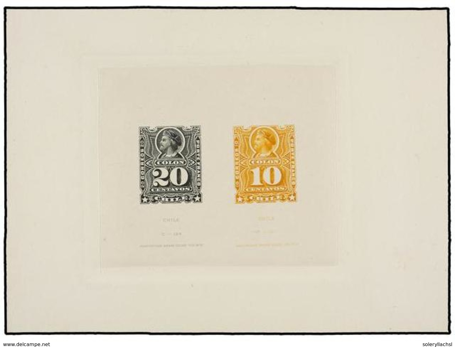 157 CHILE. Sc.29 + 31. 1878. <B>PRUEBA DE PUNZÓN</B> Colectiva Del Sellos De <B>10 Ctvos.</B> Amarillo Y <B>20 Ctvos.</B - Autres & Non Classés