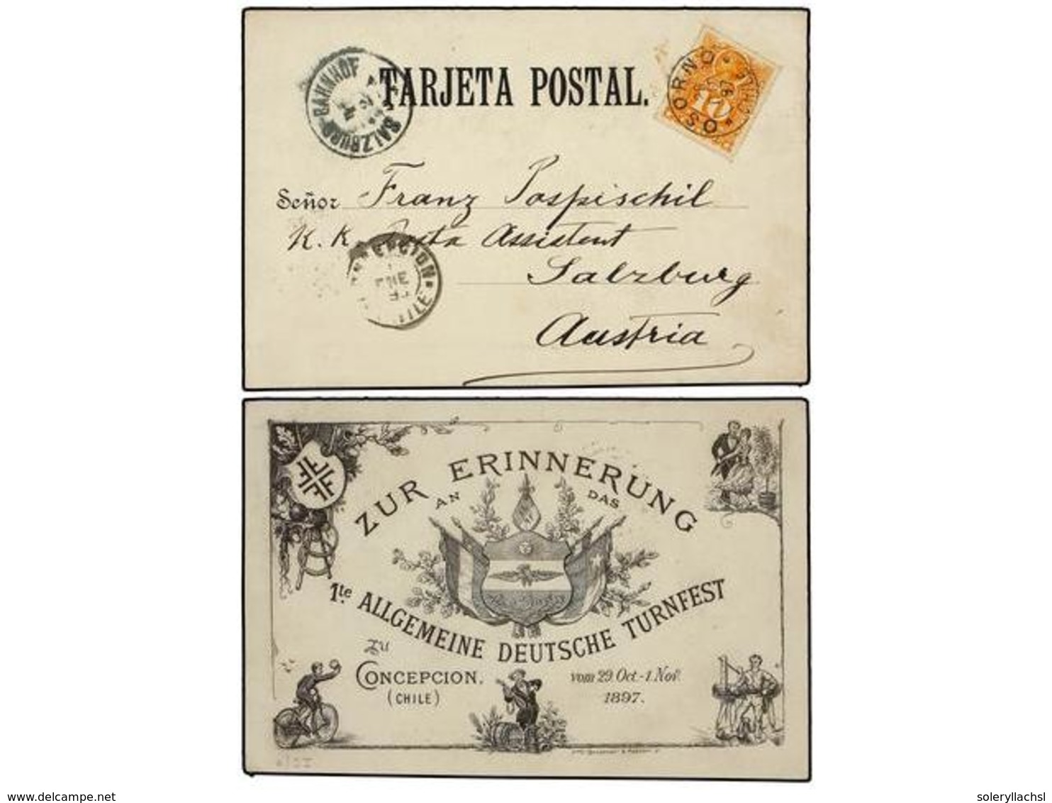 158 CHILE. 1897. Tarjeta Postal Doble<B> 'RECUERDO DE CONCEPCIÓN </B>circulada A AUSTRIA Cons Ello De <B>10 Ctvos.</B> N - Autres & Non Classés