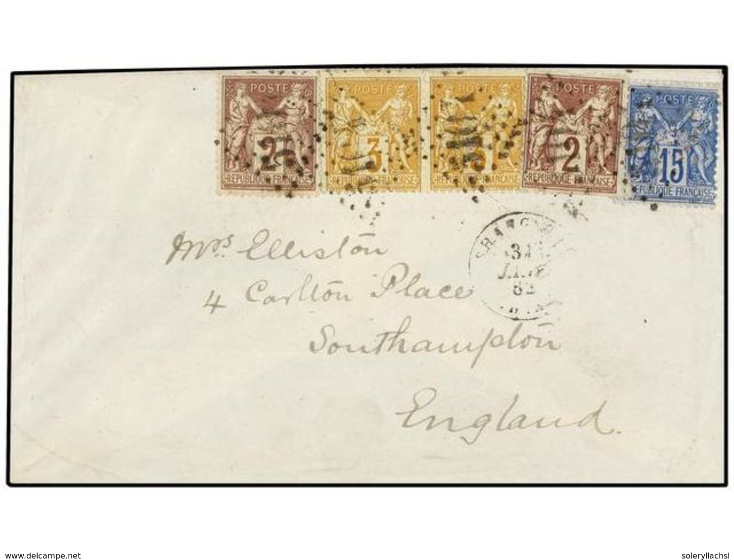 164 CHINA. 1882. SHANGHAI To SOUTHAMPTON (Great Britain). Envelope Franked With French <B>2 Cts.</B> Brown Lilac (2), <B - Other & Unclassified