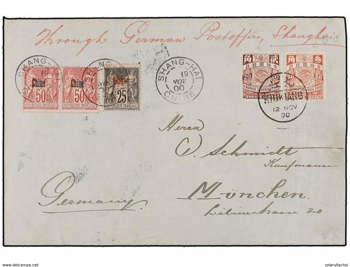 168 CHINA. 1900. KIUKIANG To GERMANY. Envelope Franked With French <B>25 Cts.</B> And Two<B> 50 Cts.</B> Stamps Cancelle - Autres & Non Classés