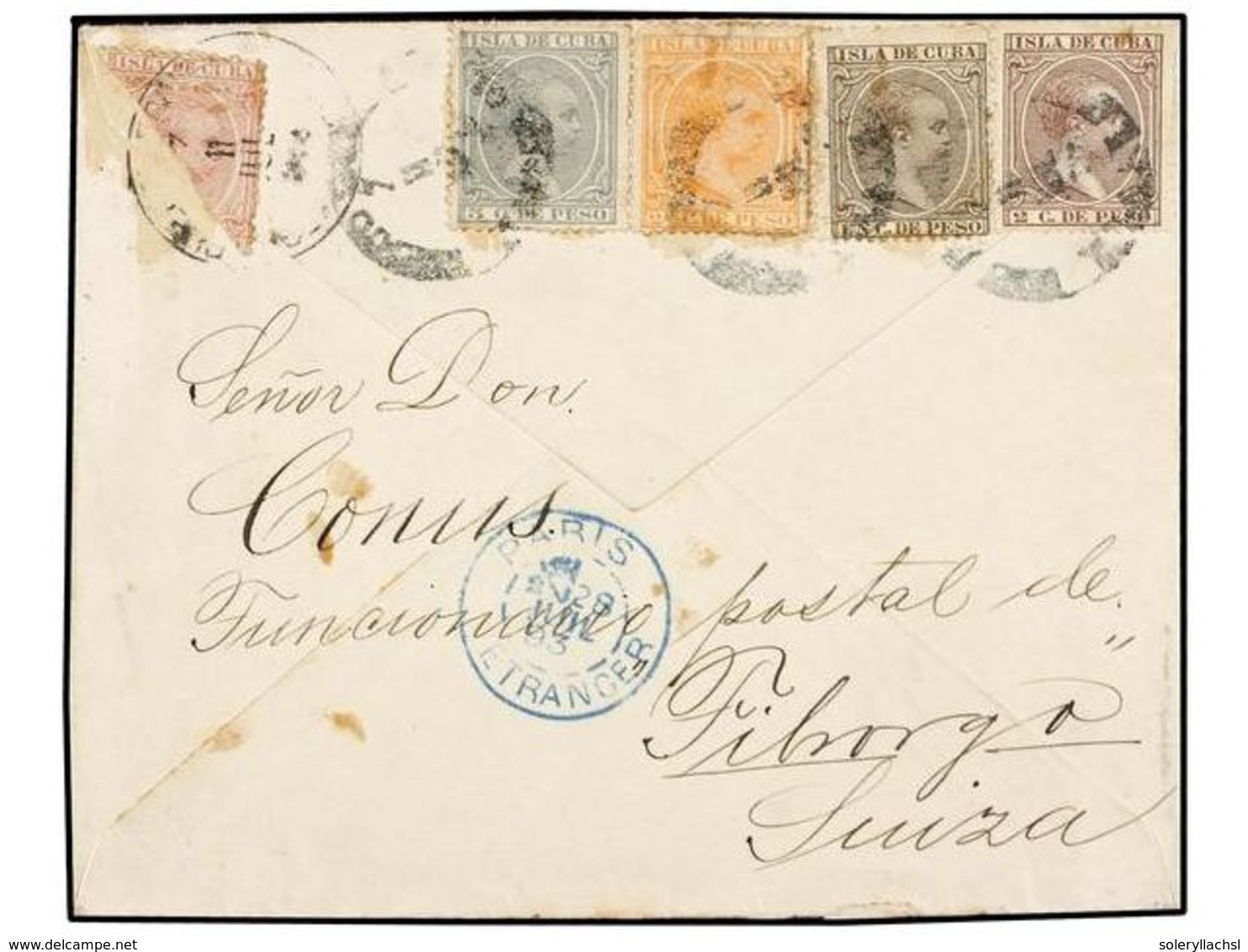 191 CUBA. Ed.124/27 Y 128f. 1893. HABANA A SUIZA. <B>1, 2, 2 1/2, 5 Ctvos.</B> Y Sello De <B>10 Ctvos.</B> Rosa Bisectad - Autres & Non Classés