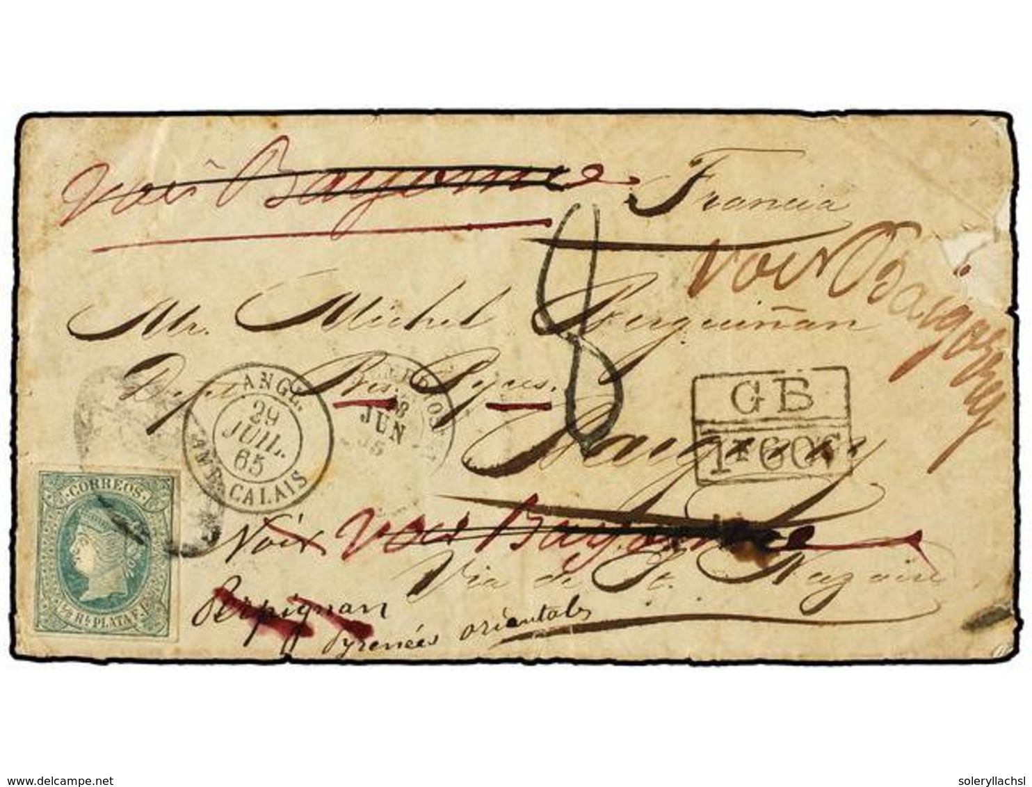 194 DINAMARCA. 1865 (18 Junio). REMEDIOS (Cuba) A FRANCIA Circulada Con Sello De <B>1/2 Real</B> Verde, Mat.<B> PARRILLA - Andere & Zonder Classificatie